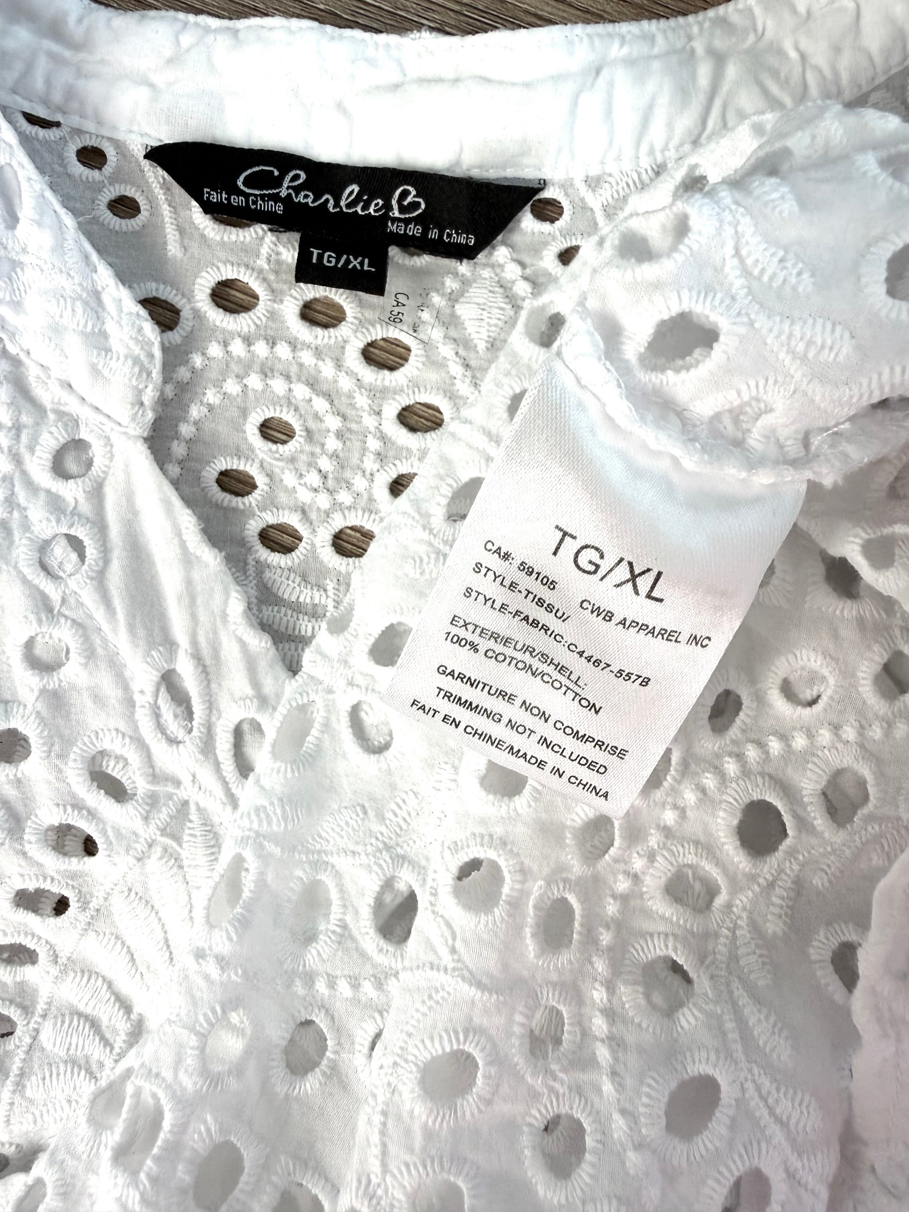 inside tag on 100% Cotton White Eyelet  Blouse | Size XL at Blue Sparrow Shop  