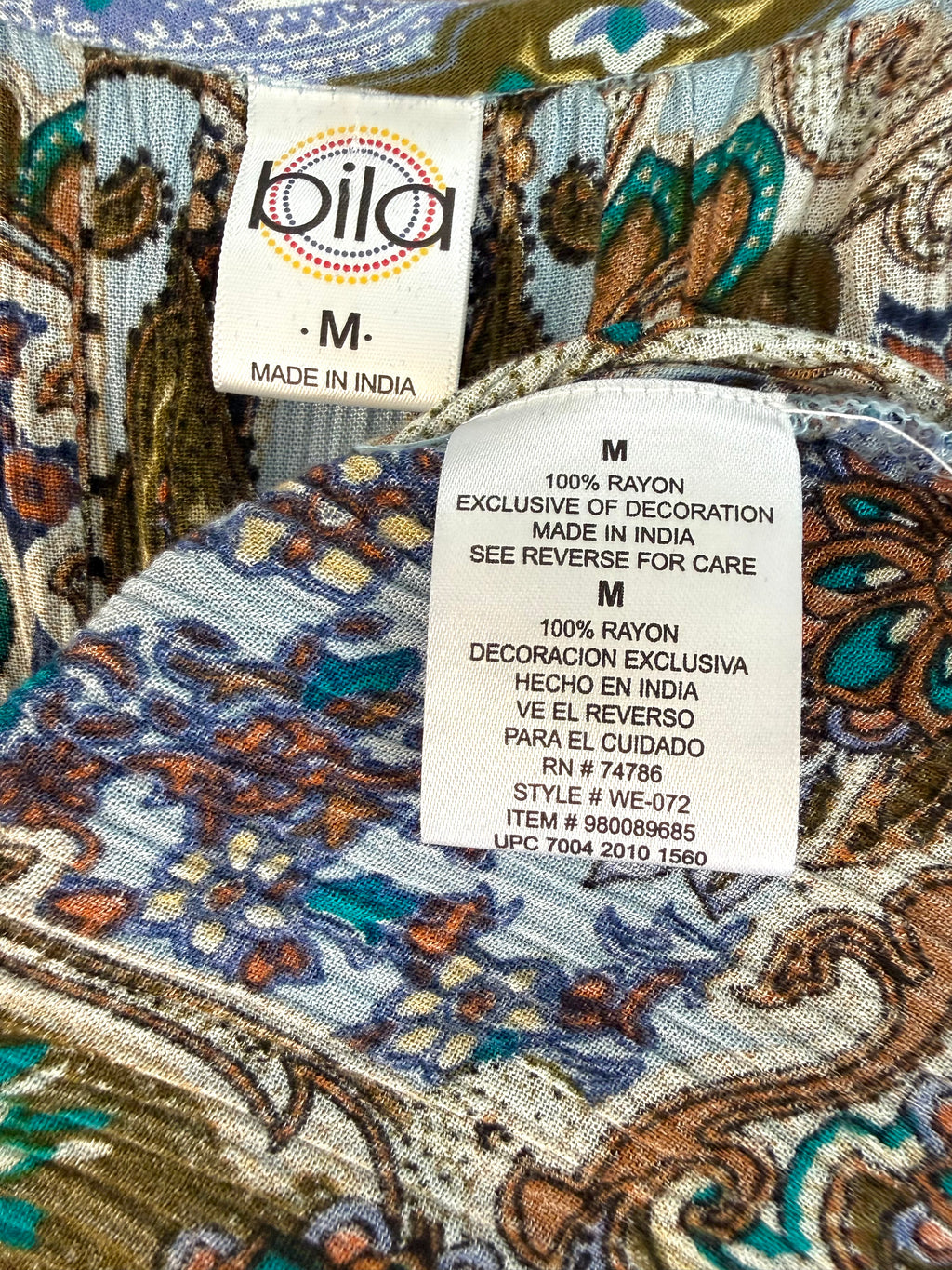 inside tag on   Bila bohemian paisley blouse- sustainable fashion at Blue Sparrow Shop - 100% rayon Made in India size M