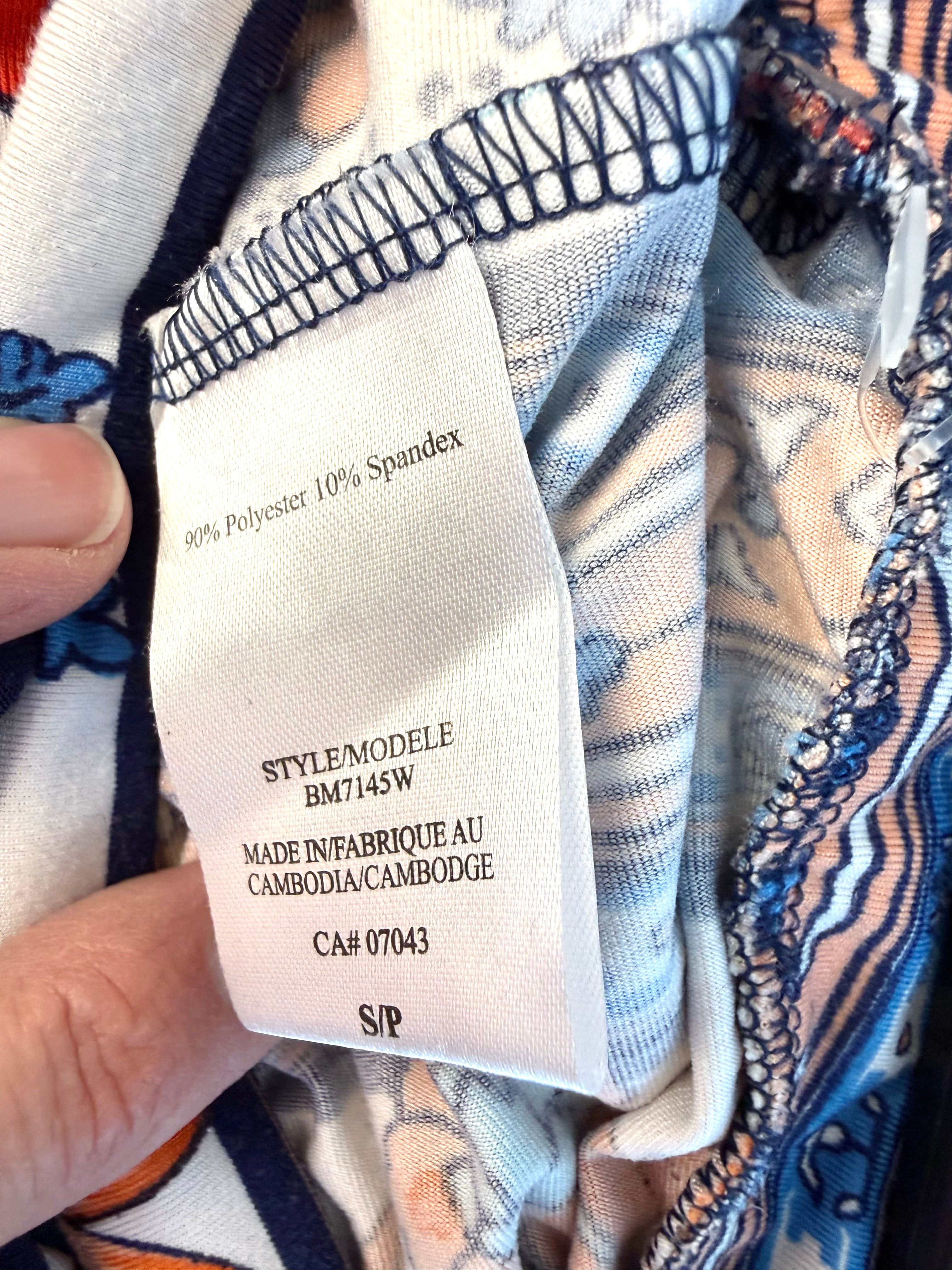 inside tag on Casual boho patterned wide leg pants in orange and blue 