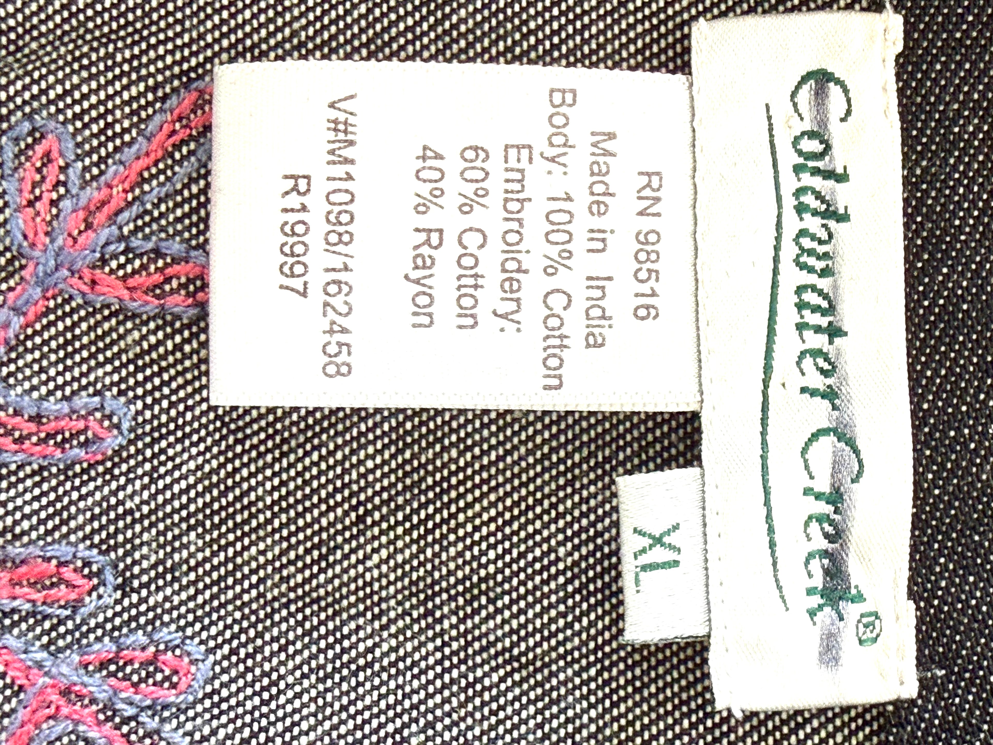 inside tag on Coldwater Creek Embroidered Denim Jacket | Size XL at Blue Sparrow Shop