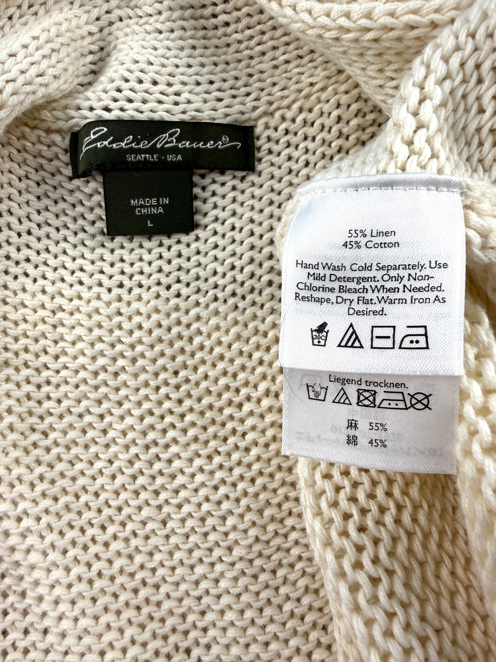 inside tag on Eddie Bauer Linen Cotton Knit Cardigan Vest 