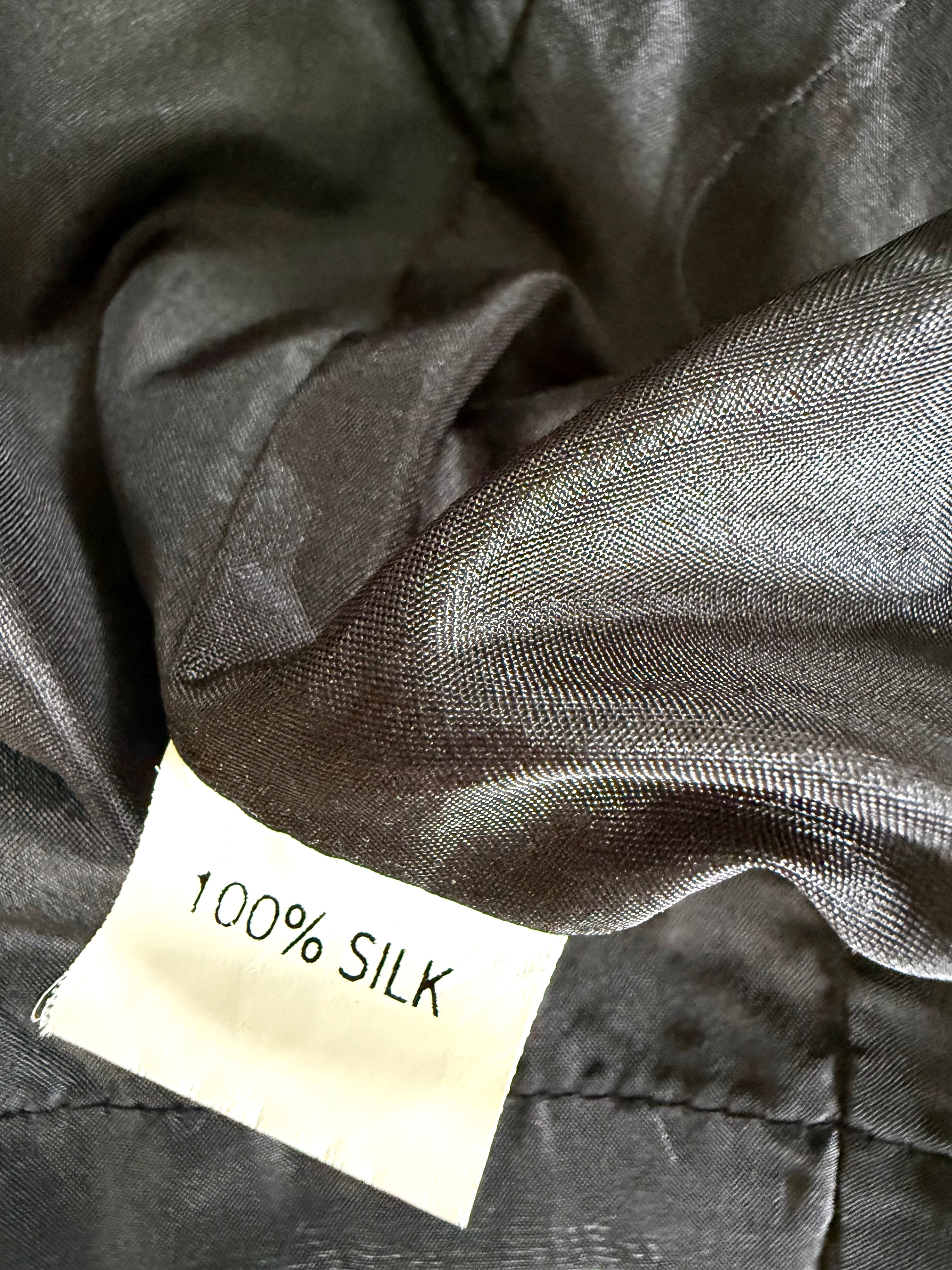 inside tag on Emma Chun Shroff Hand Painted Silk Jacket | Wearable Art Blazer at Blue Sparrow Shop