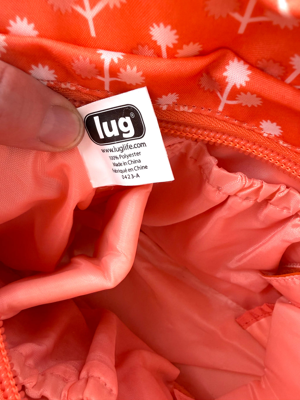 inside tag on LUG Multi-Pocket Travel Tote | Carry-All | Lug Travel bag at Blue Sparrow Shop resale Canada 