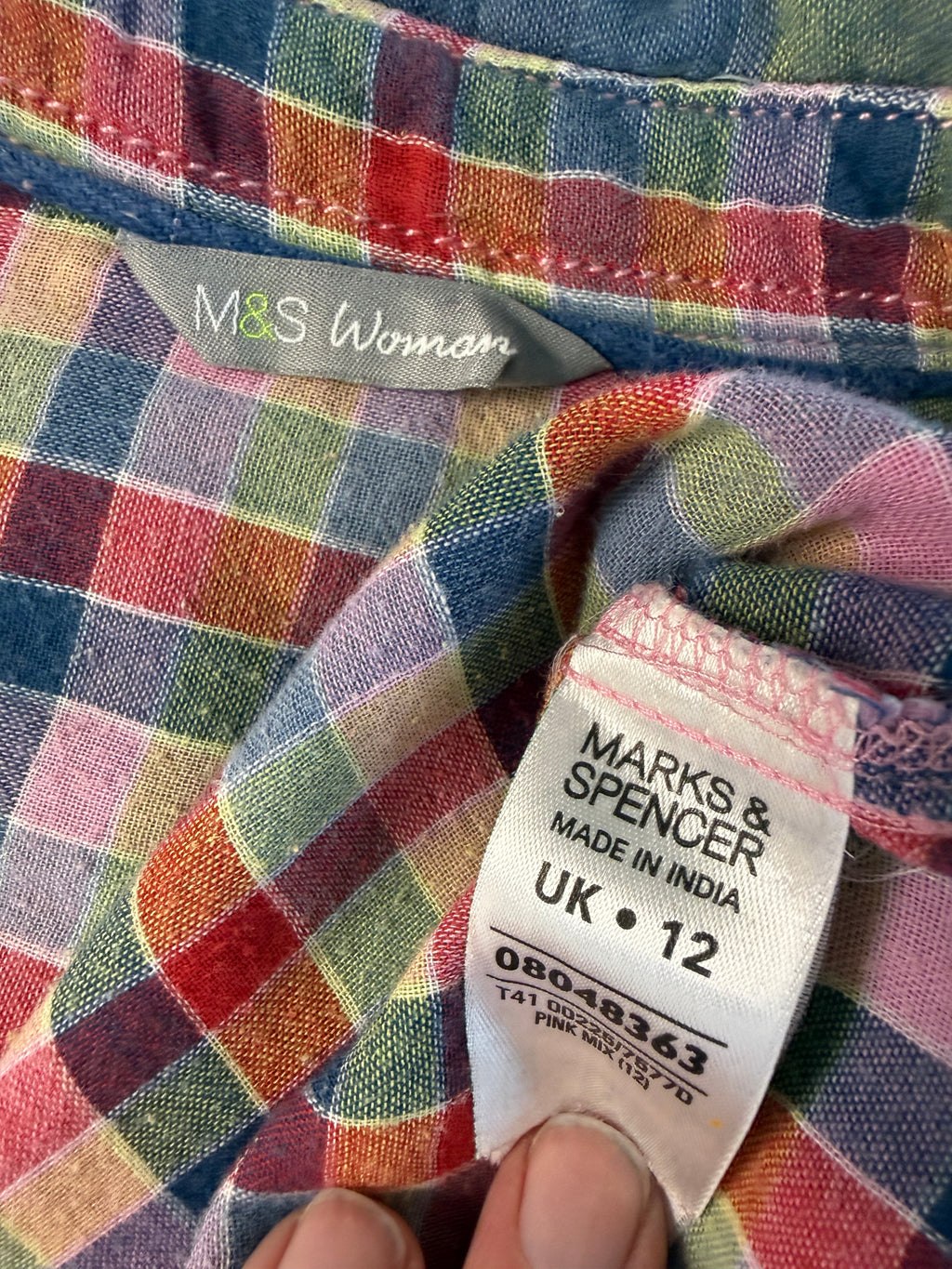 inside tag on Marks & Spencer 100% Cotton Rainbow Madras Plaid Shirt  at Blue Sparrow Shop