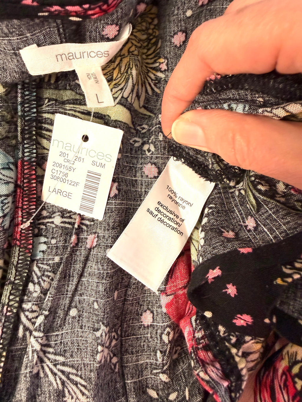 inside tag on NWT Maurices Kimono Cardigan | Size Large at Blue Sparrow Shop