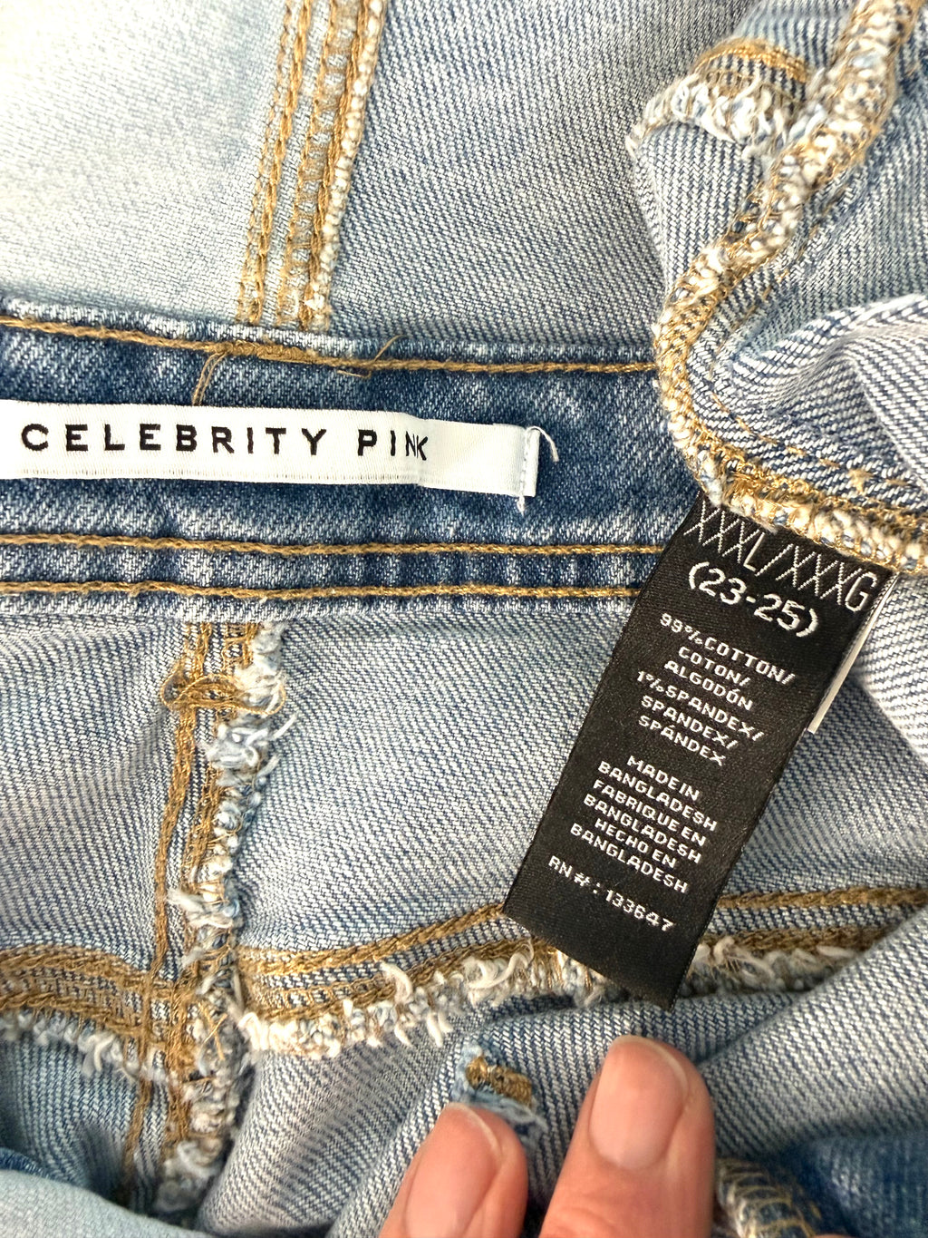 inside tag on Oversized Celebrity Pink Patchwork Denim Shortalls  