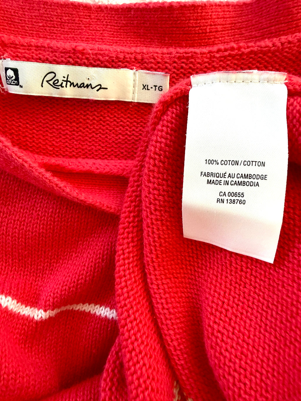inside tag on Reitmans Striped 100% Cotton Sweater XL at Blue Sparrow Shop