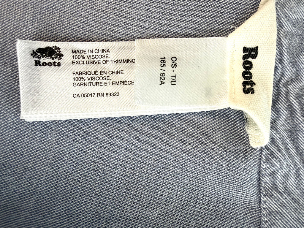 inside tag on Roots oversized cardigan or kimono in denim blue 
