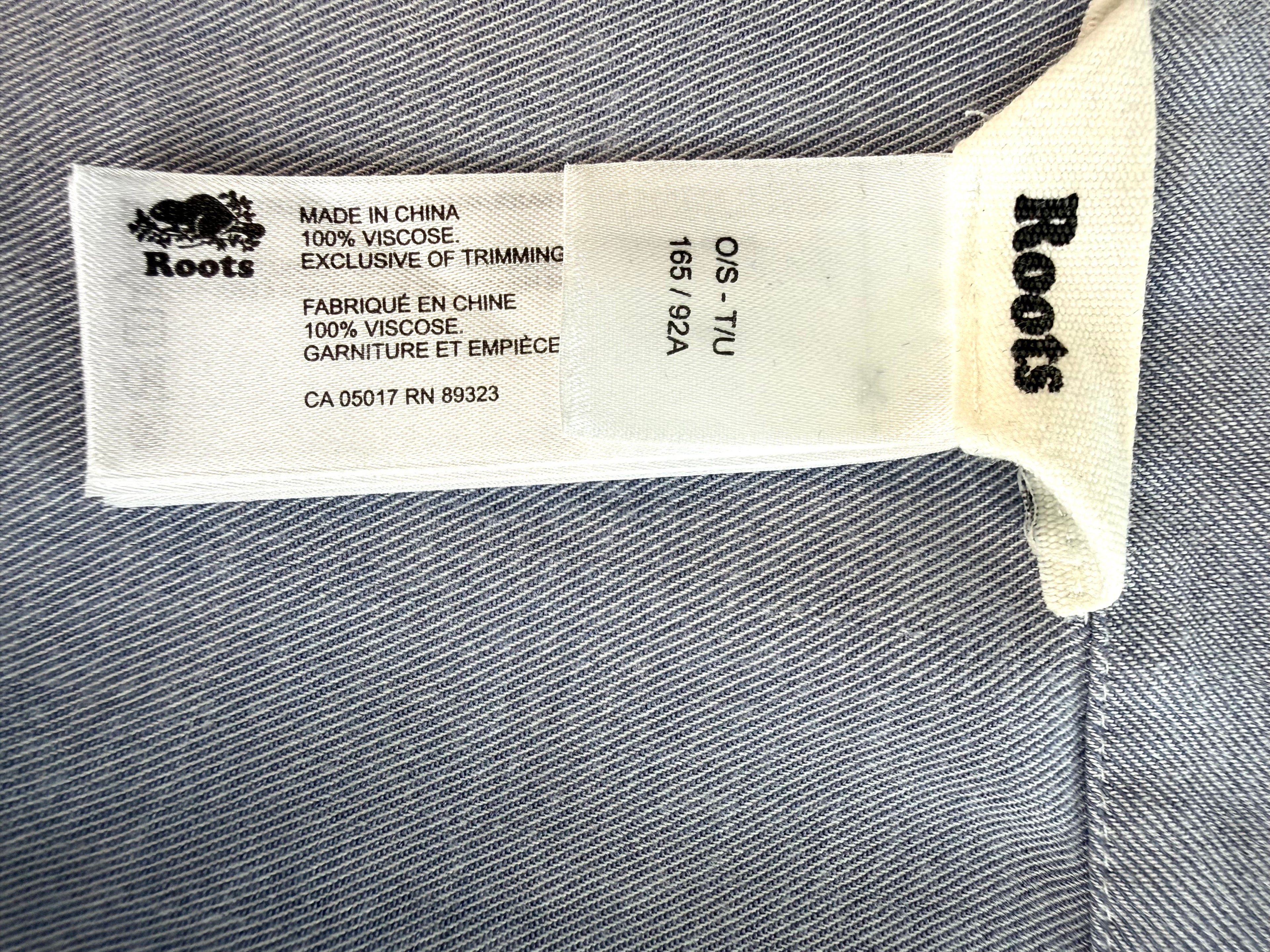 inside tag on Roots oversized cardigan or kimono in denim blue 