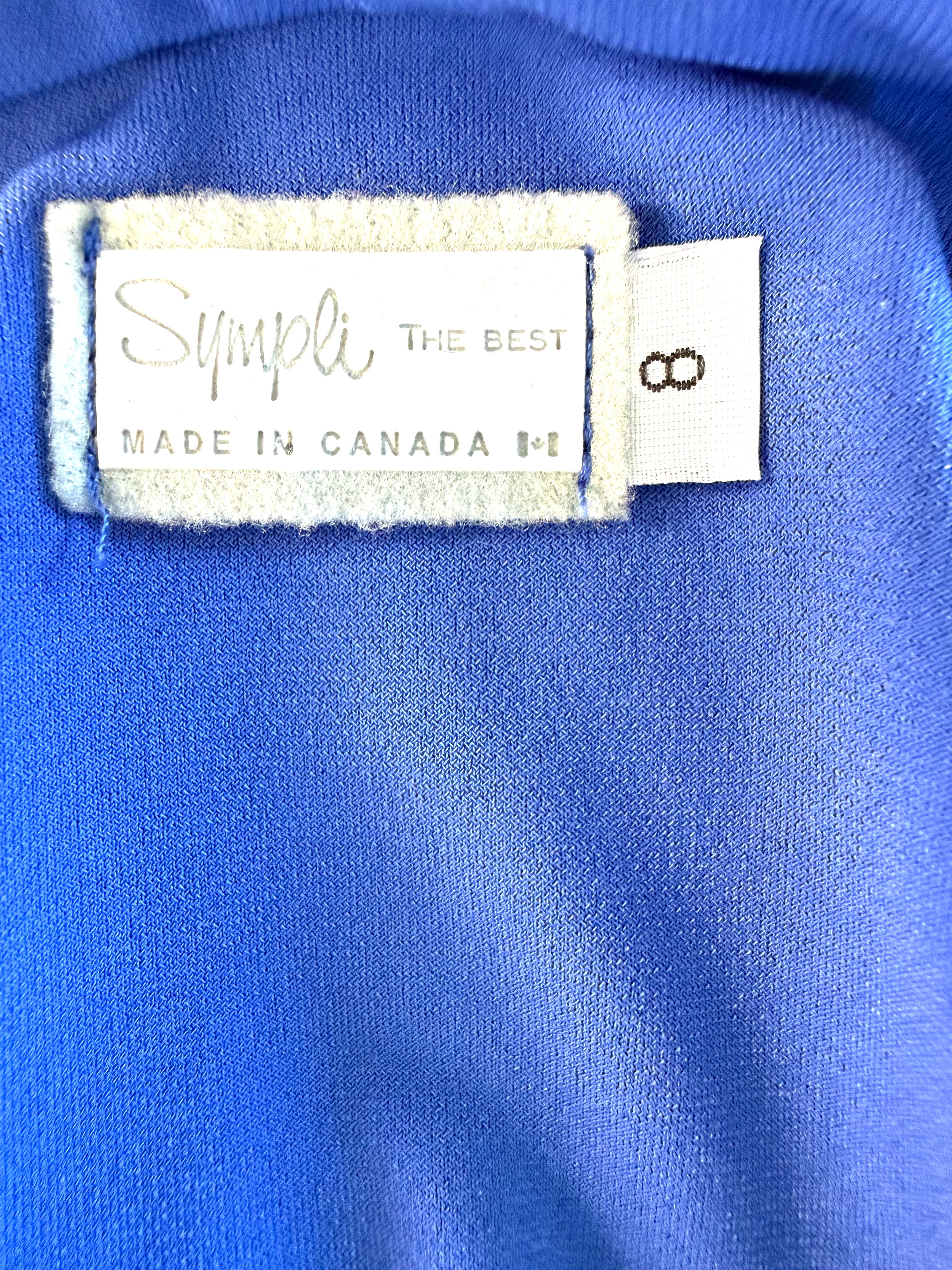 inside tag on Sympli Made in Canada Waterfall Cardigan — Periwinkle Blue | Ruffle Front | Travel Wear | Size 8 at Blue Sparrow Shop 