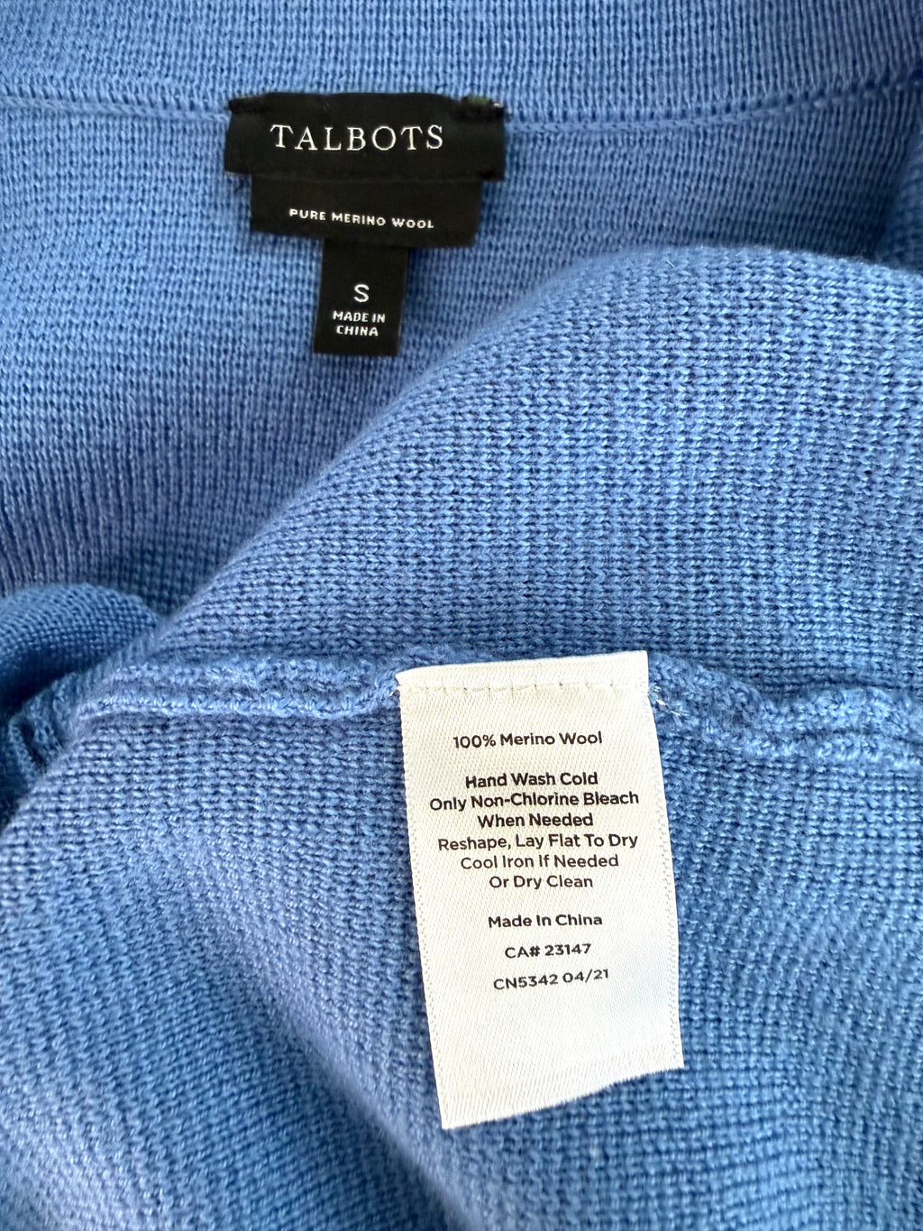 inside tag on Talbots 100% Pure Merino Wool Sweater Blazer | Size S at Blue Sparrow Shop 