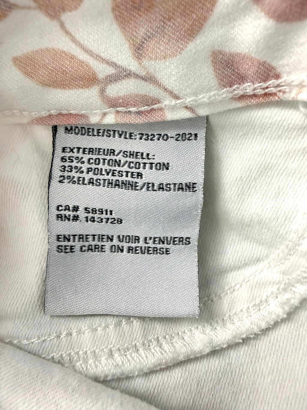 inside tag on Tribal Brand Pastel Coloured Floral Jegging Jeans at Blue Sparrow Shop 65% cotton