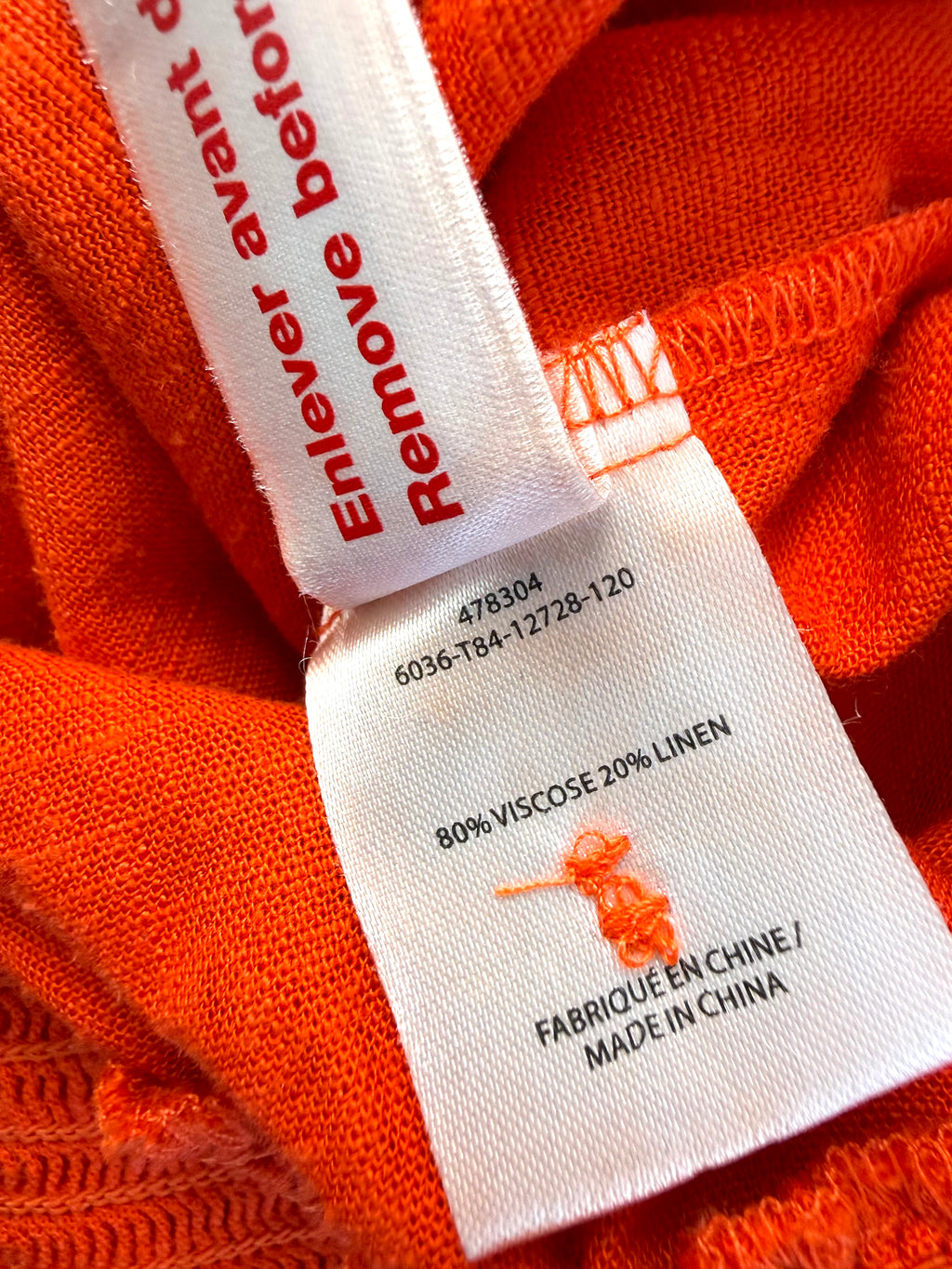 inside tag viscose linen blend on Melanie Lyne orange peasant blouse