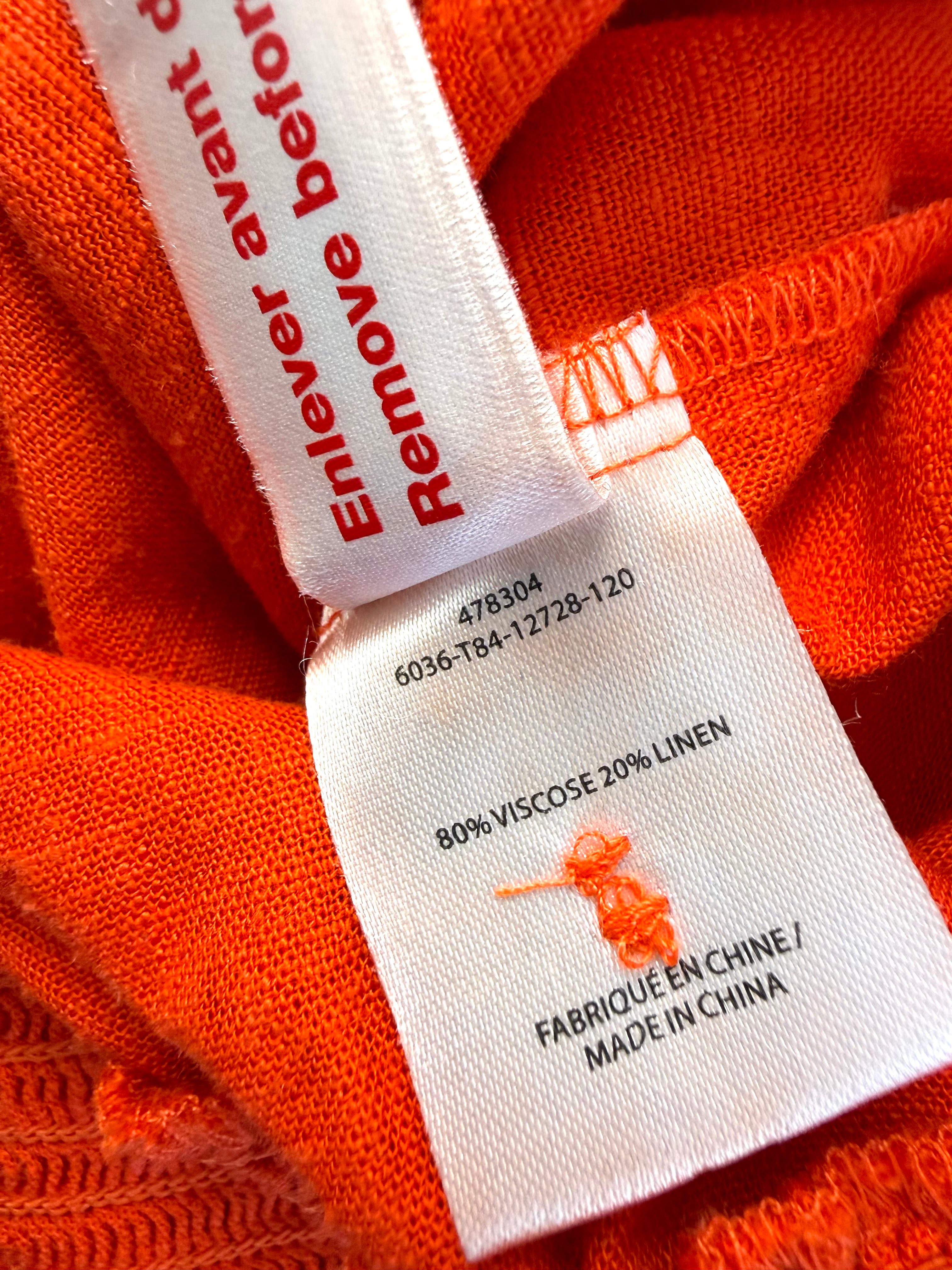 inside tag viscose linen blend on Melanie Lyne orange peasant blouse