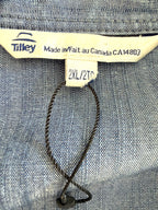 inside tag with loop from new tag on NWOT 100% Tencel Tilley Handpainted Denim Jacket | Size XXL