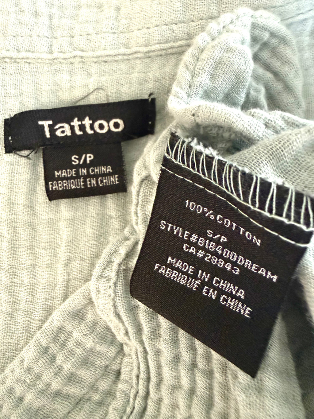 inside tags on 100% Cotton Button Front Shirt | Size S at Blue Sparrow Shop 