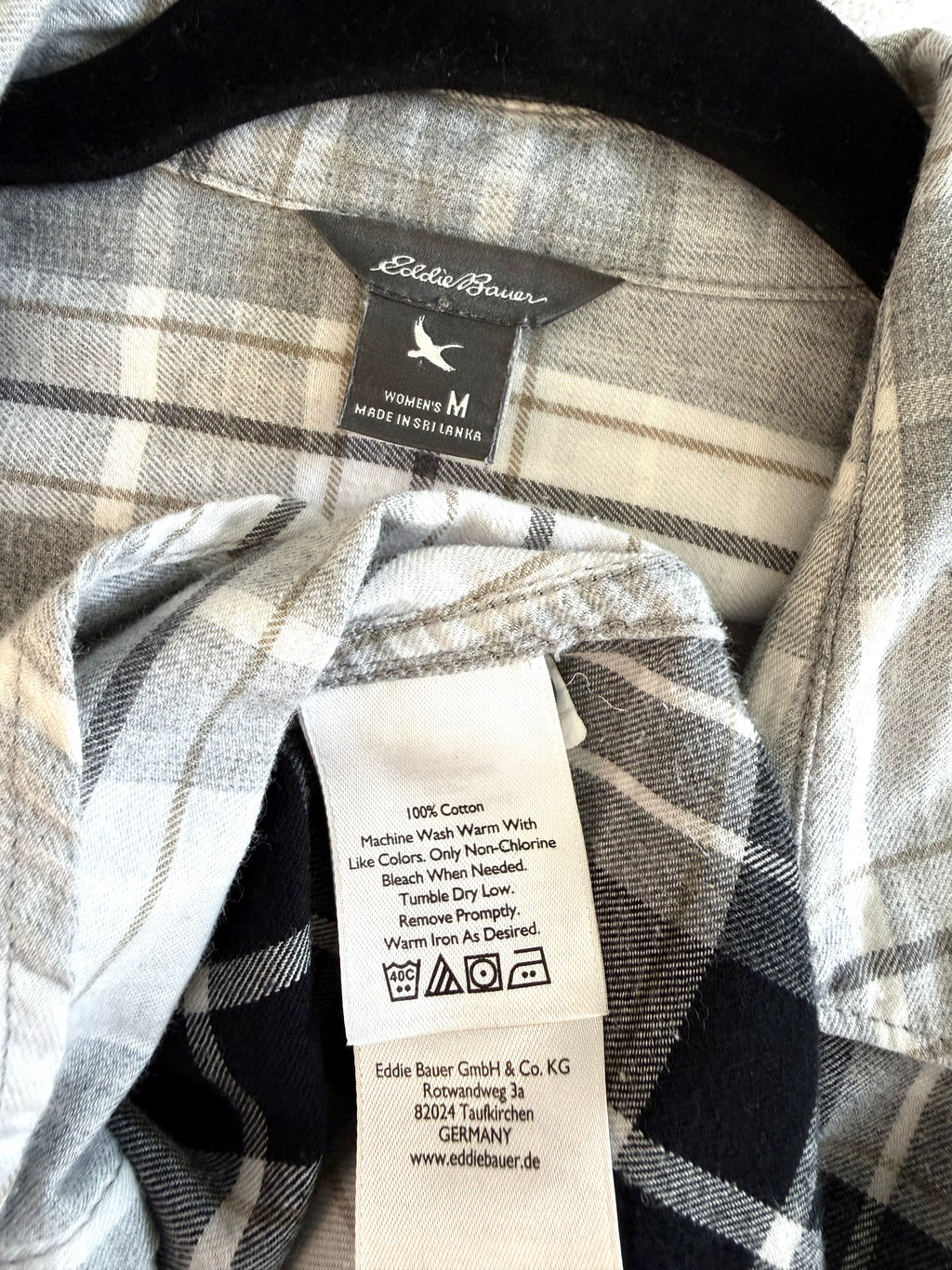 inside tags on 100% Cotton Eddie Bauer Plaid Shirt | Size M