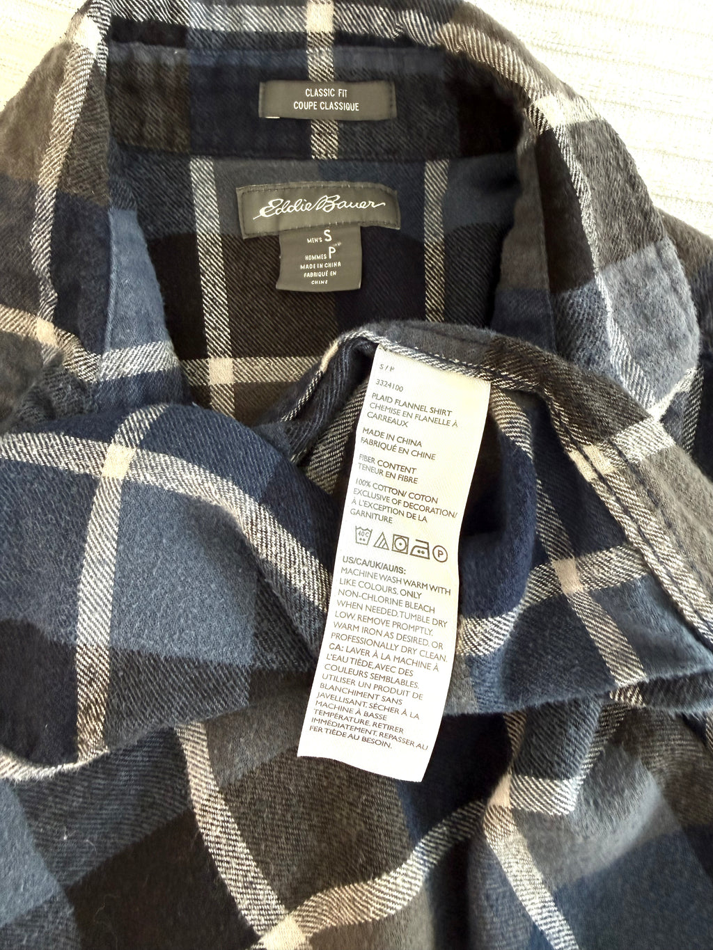 inside tags on 100% Cotton Eddie Bauer Plaid Shirt | Size S mens 