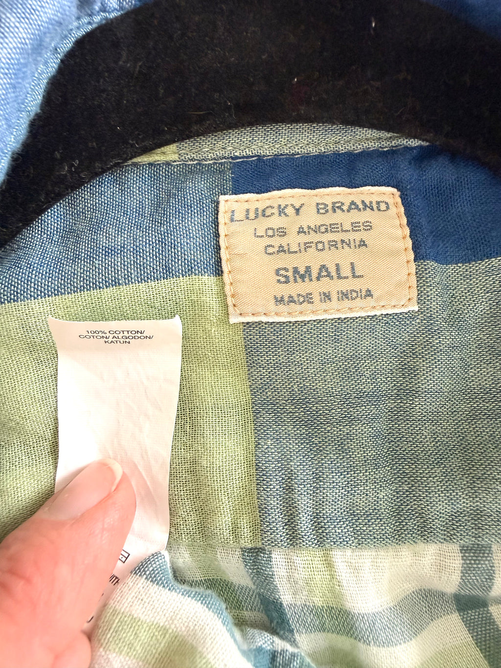 inside tags on  100% Cotton Lucky Brand Plaid Shirt | Size Mens M 