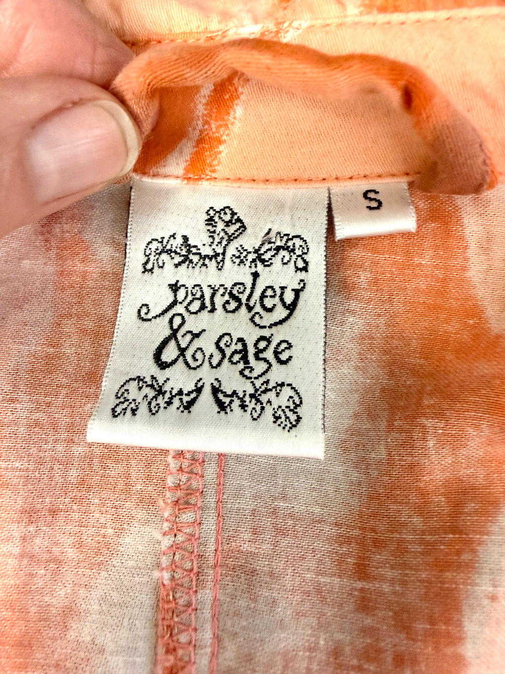 inside tags on 100% Cotton Parsley & Sage — Peach Abstract Floral Jacket, Size S at Blue Sparrow Shop Canadian Resale Reimagined 
