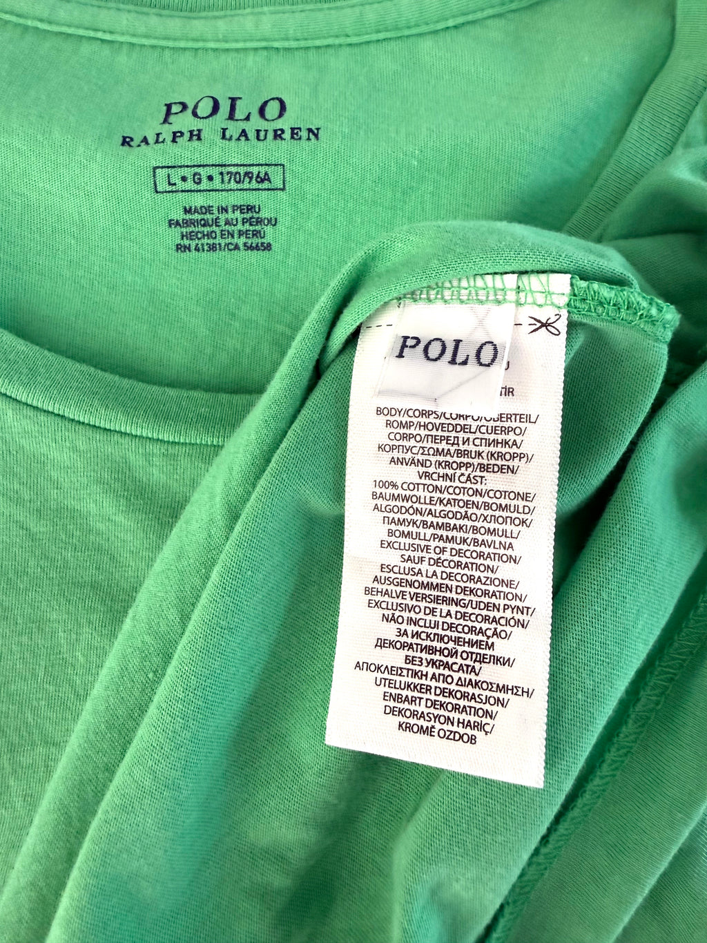 inside tags on 100% Cotton Polo Ralph Lauren Tee | Size L at Blue Sparrow Shop 