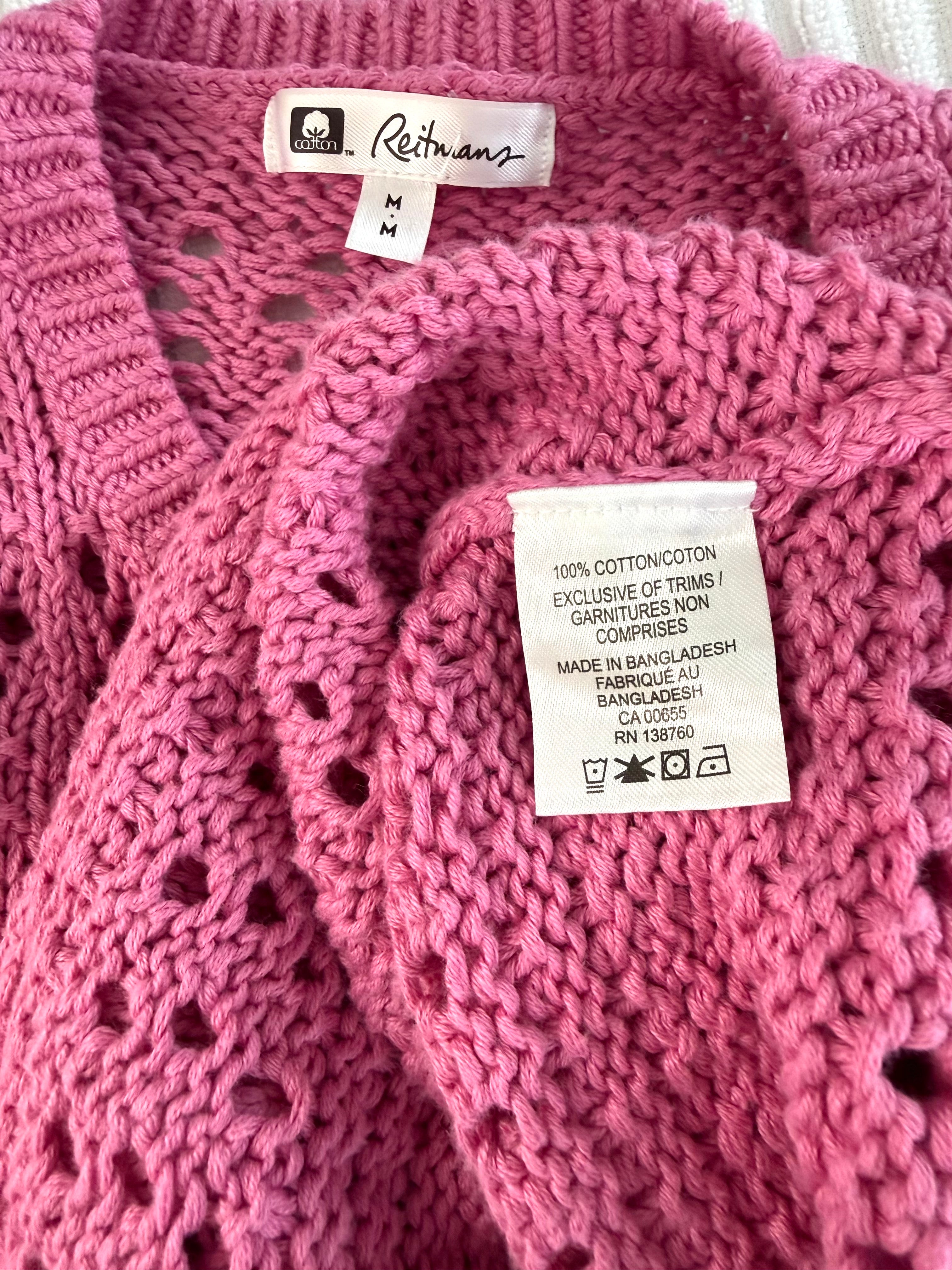 inside tags on 100% Cotton Reitmans  Pointelle Sweater in bubblegum pink at Blue Sparrow Shop - Canadian Resale Reimagined 