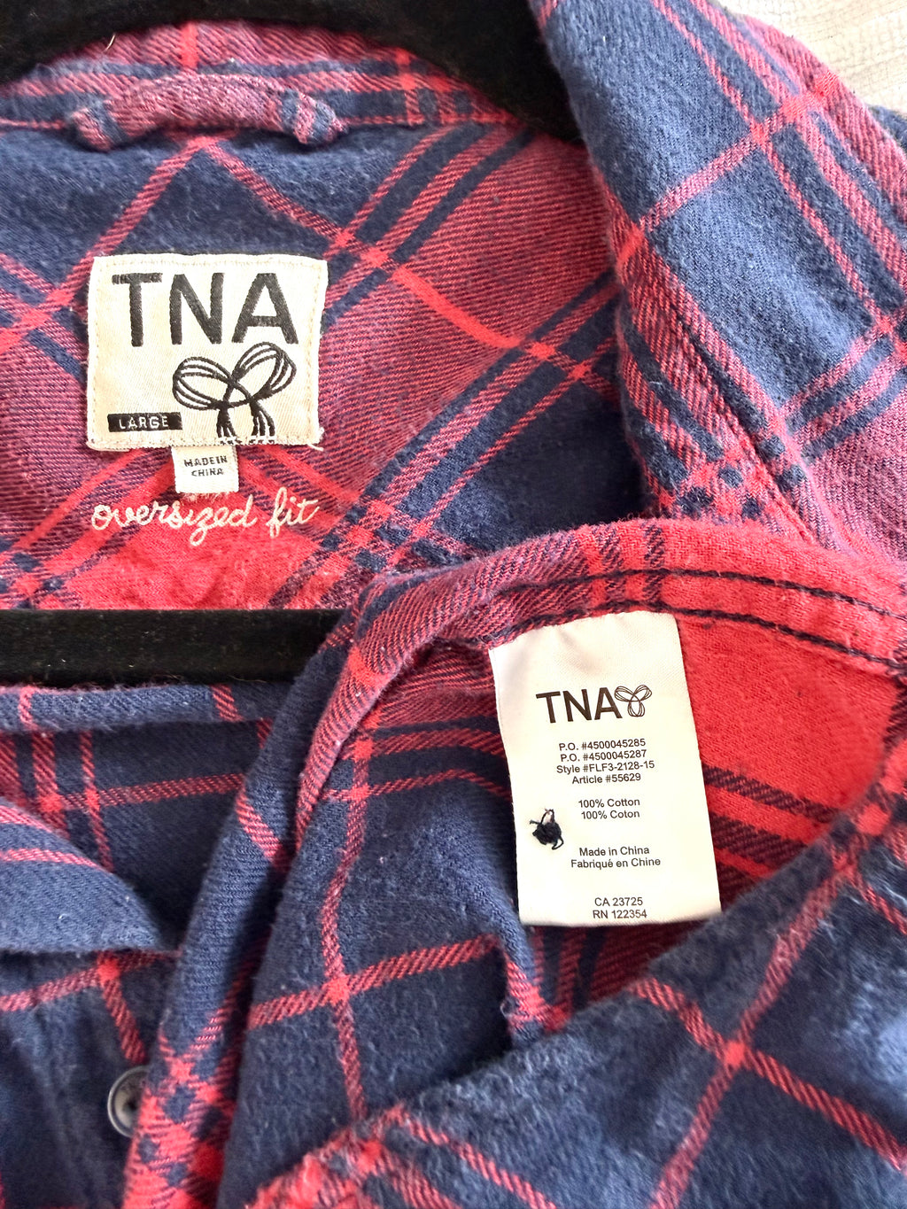 inside tags on 100% Cotton TNA Button Front Shirt | Size L 