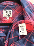 inside tags on 100% Cotton TNA Button Front Shirt | Size L 