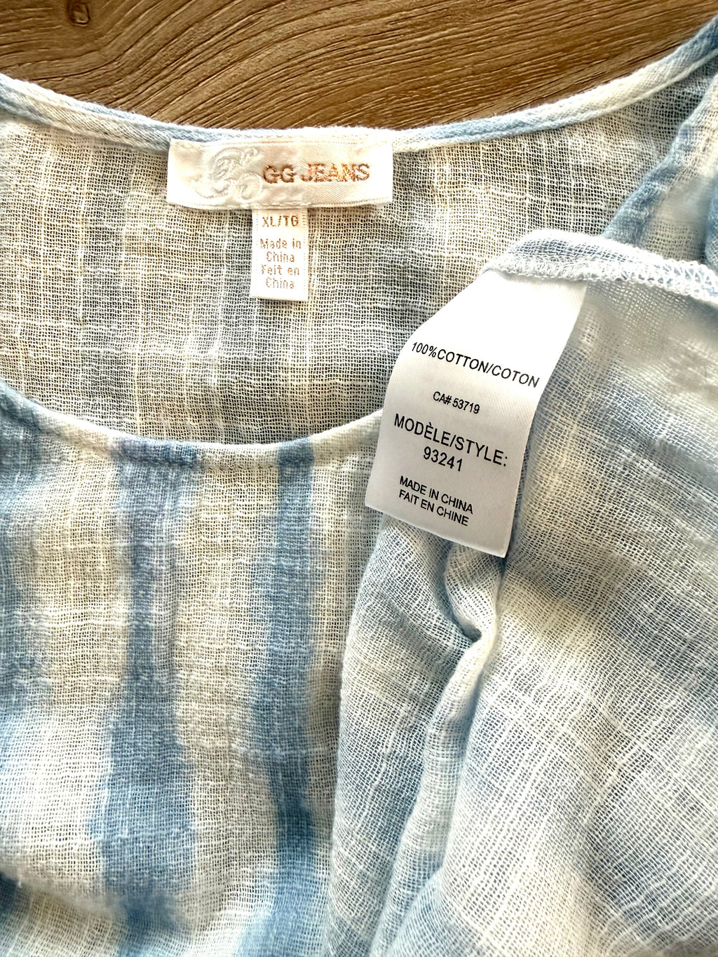 inside tags on 100% Cotton Watercolour Stripe Boxy Scoop Neck Top — Soft Blue & White | GG Jeans | Size XL at Blue Sparrow Shop