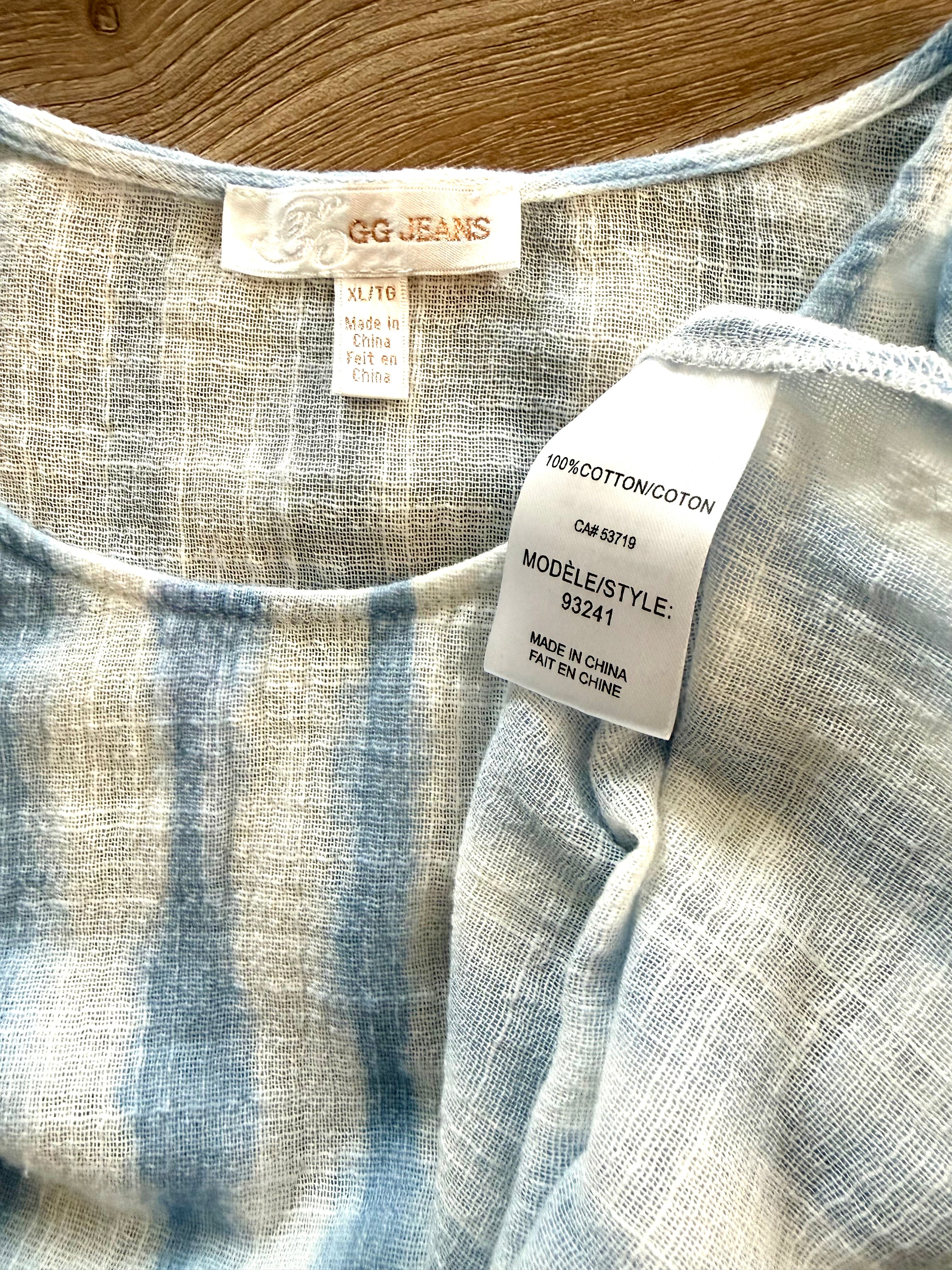 inside tags on 100% Cotton Watercolour Stripe Boxy Scoop Neck Top — Soft Blue & White | GG Jeans | Size XL at Blue Sparrow Shop