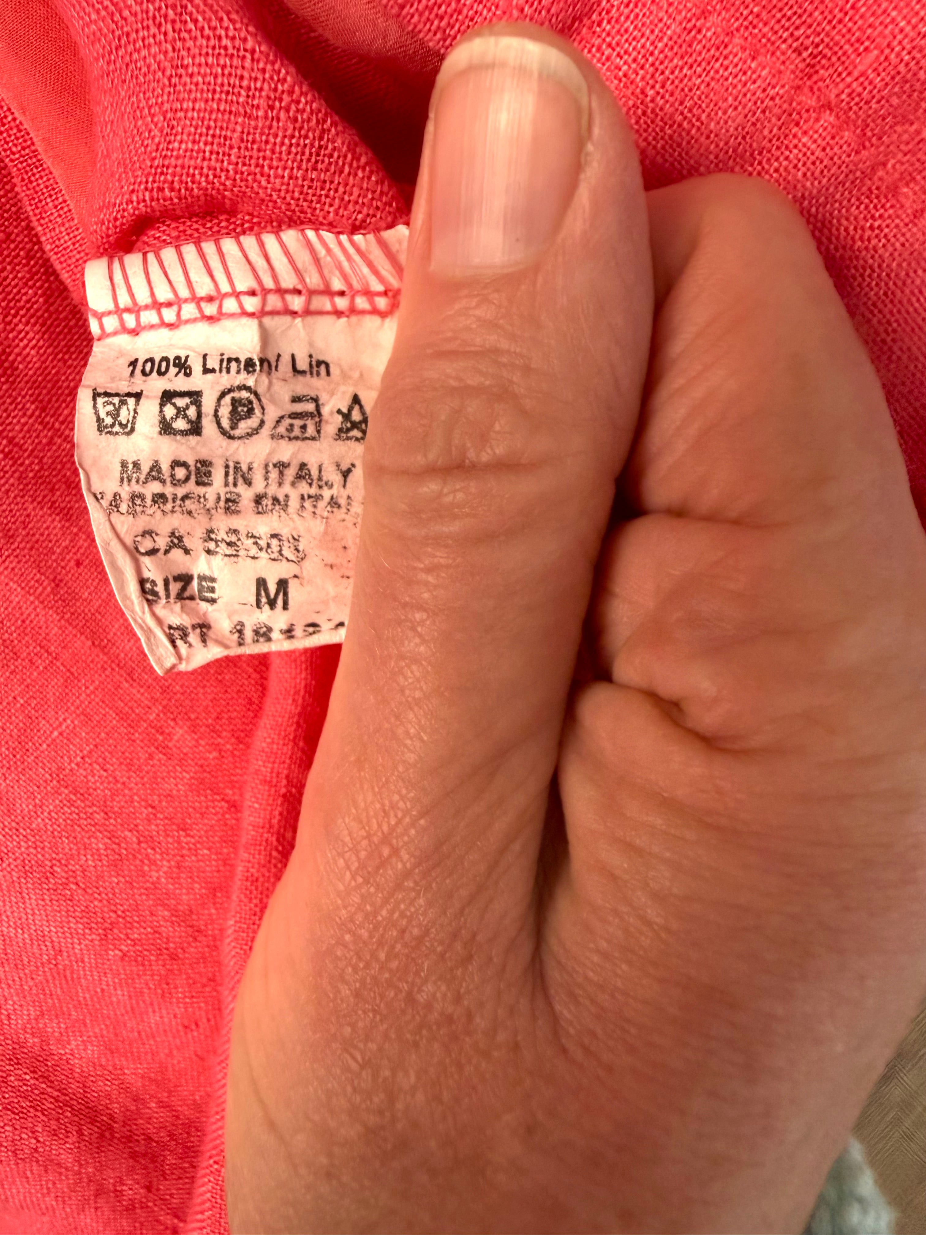 inside tags on 100% Linen Angela Mara  Made in Italy Linen Top | Size M at Blue Sparrow Shop 