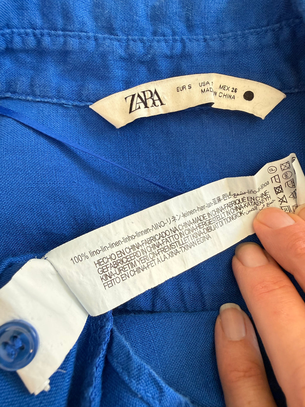 insde tags on 100% Linen Cobalt Blue Button Front Shirt by Zara | Size S 