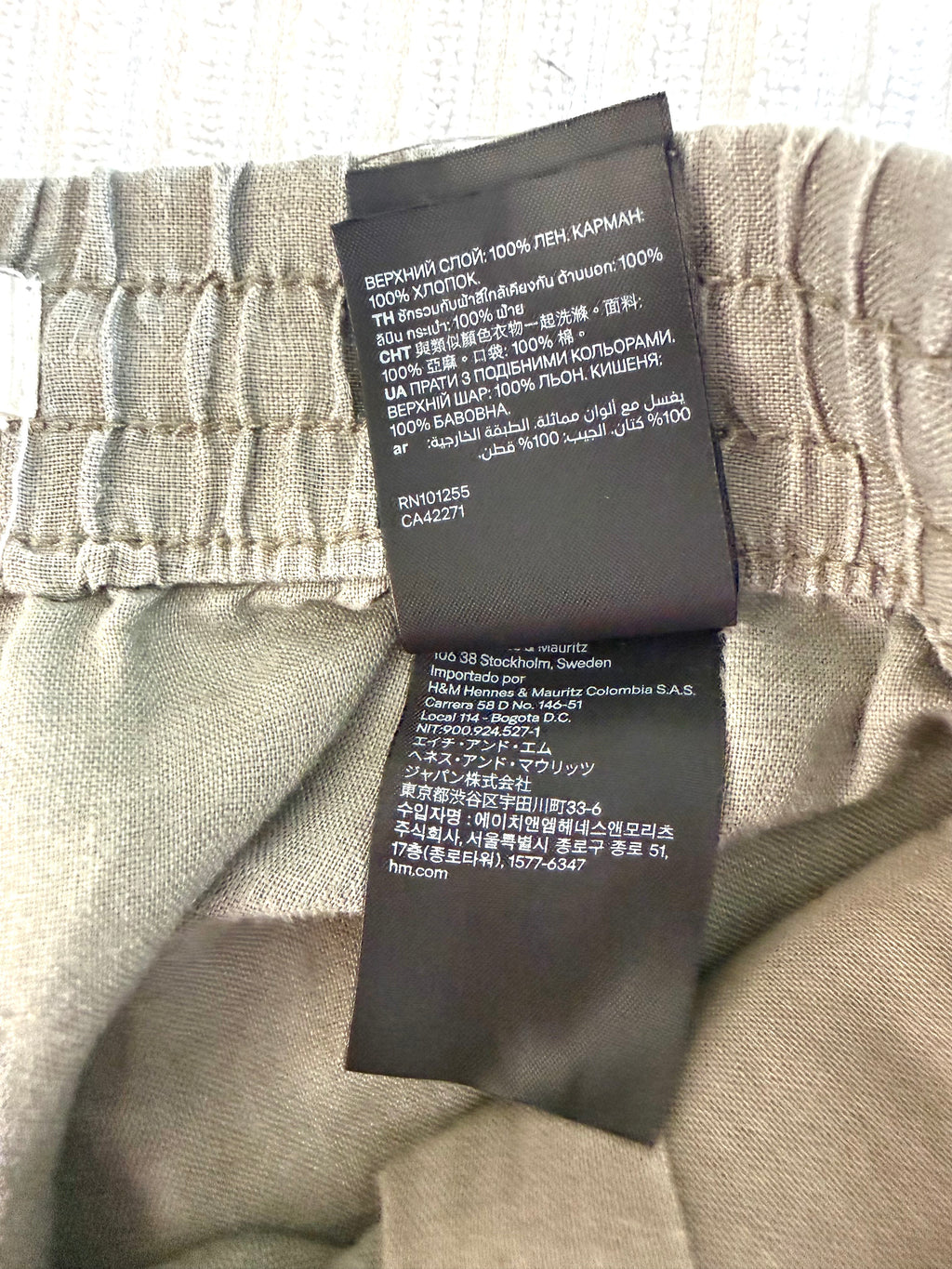 inside tags on 100% Linen  Drawstring Pants – Taupe Relaxed Fit Pull-On Trousers – H&M Small at Blue Sparrow Shop