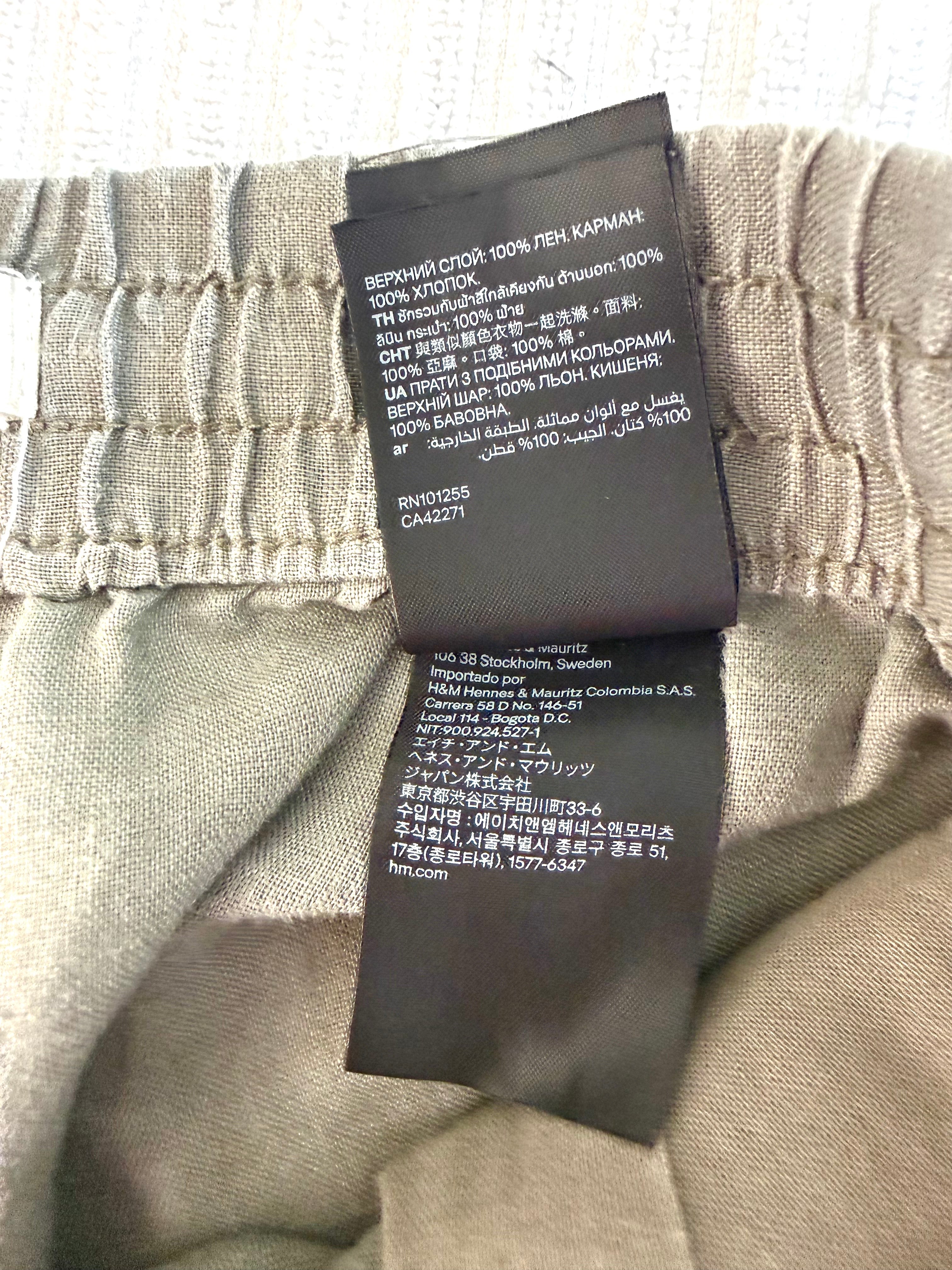 inside tags on 100% Linen  Drawstring Pants – Taupe Relaxed Fit Pull-On Trousers – H&M Small at Blue Sparrow Shop