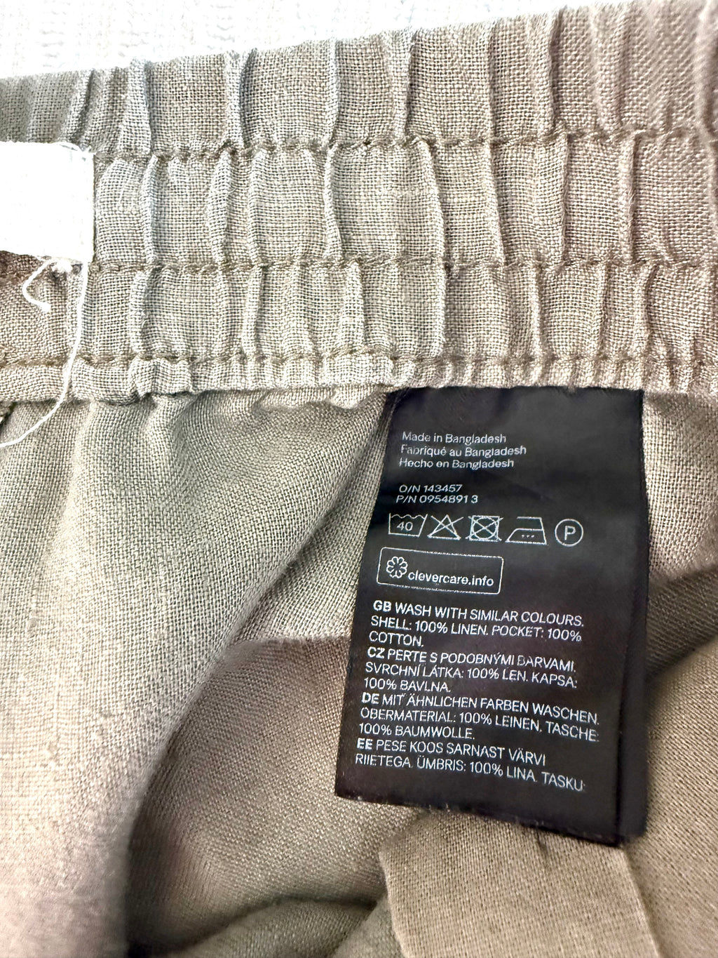 100% Linen  Drawstring Pants – Taupe Relaxed Fit Pull-On Trousers – H&M Small at Blue Sparrow Shop inside tag showing 100% linen