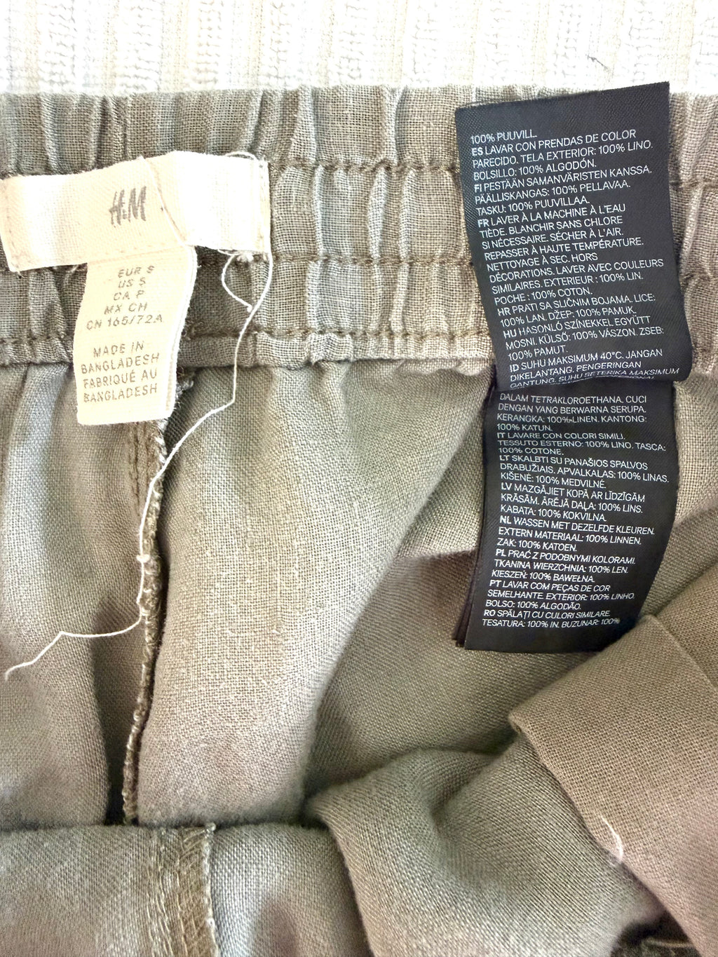 inside tags on 100% Linen  Drawstring Pants – Taupe Relaxed Fit Pull-On Trousers – H&M Small at Blue Sparrow Shop