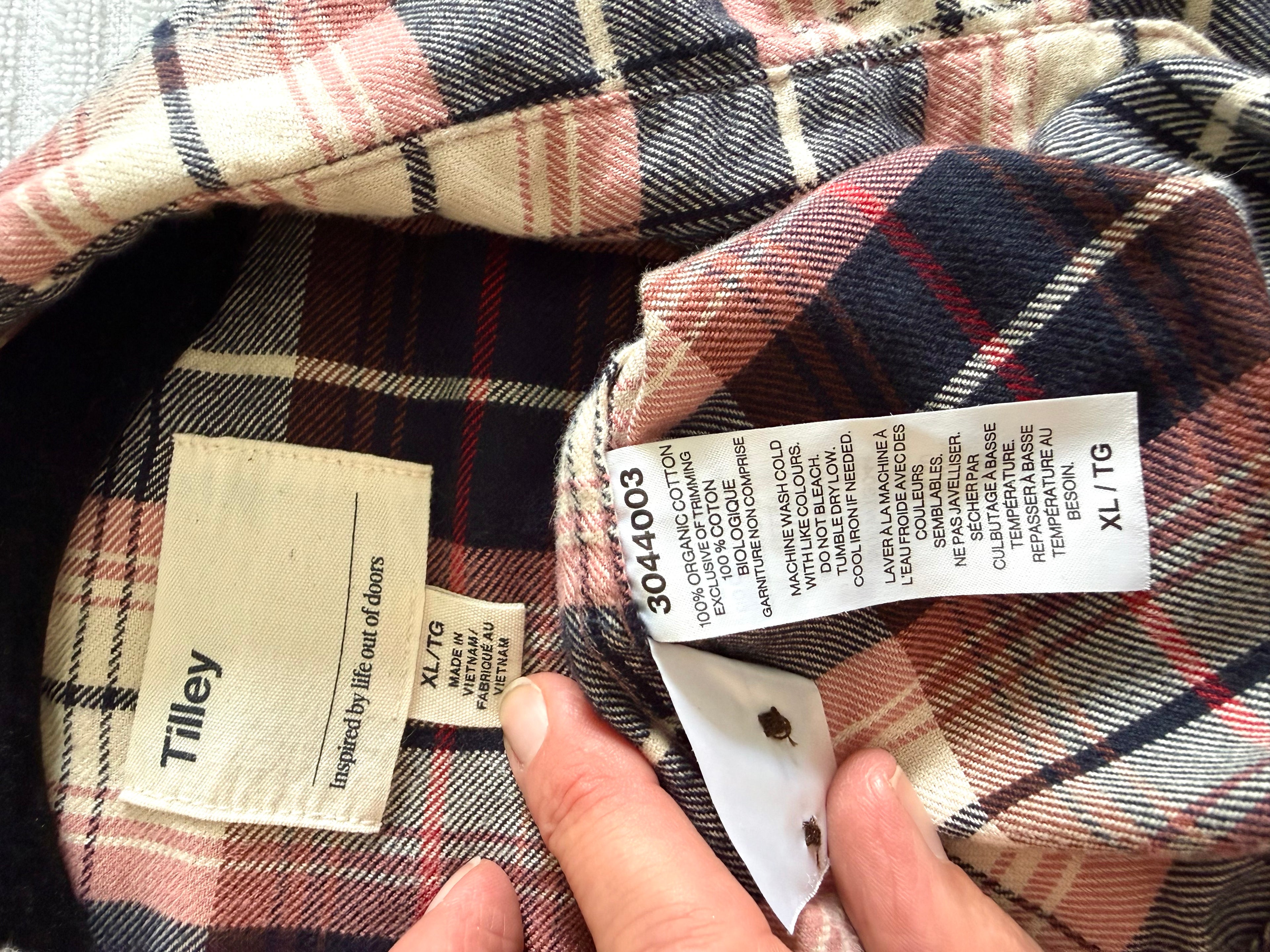 inside tags on 100% Organic Cotton Tilley Plaid Shirt | Size XL