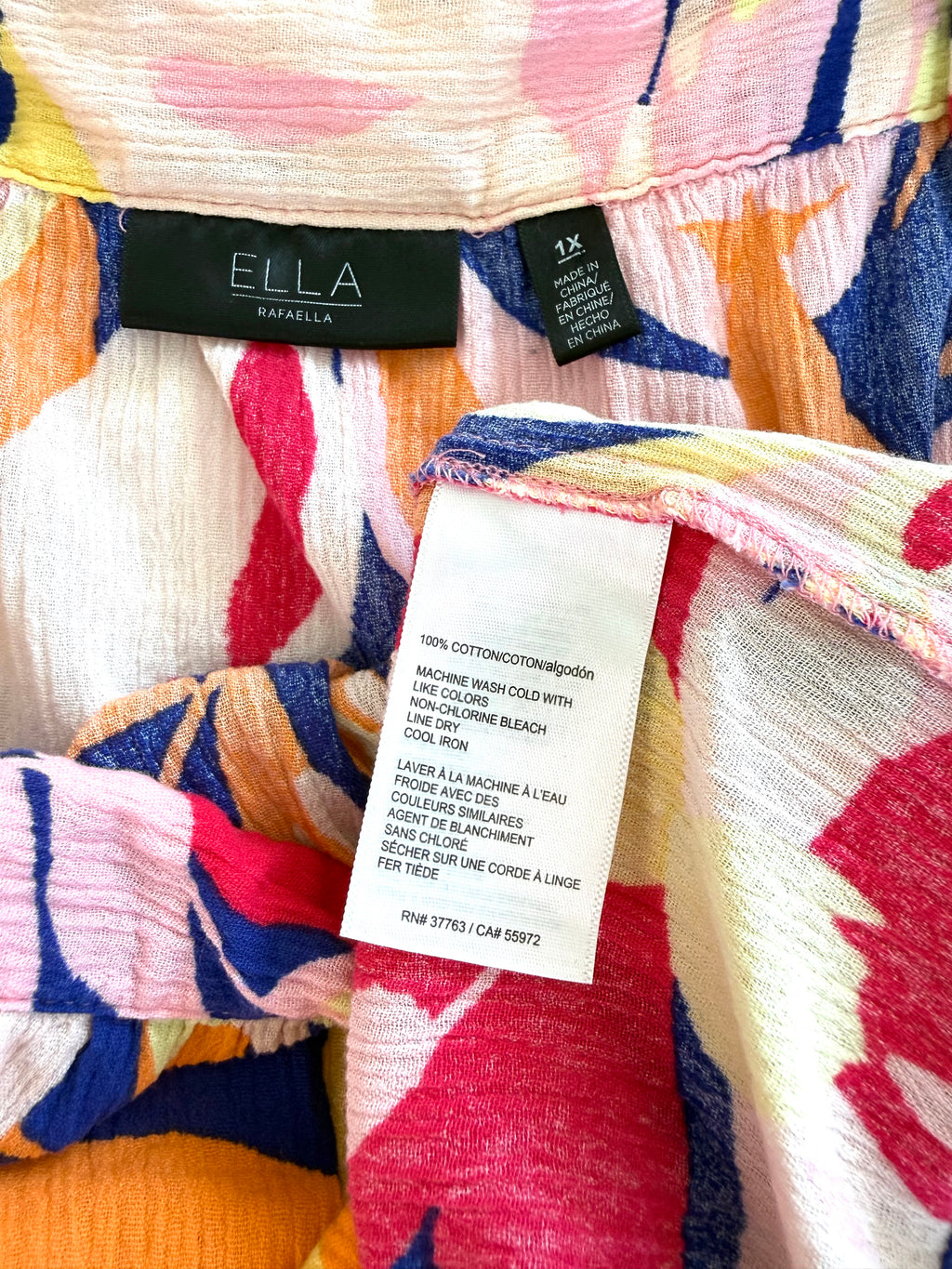 inside tags on 100% cotton summer blouse in size 1x at Blue Sparrow Shop - cottagecore style 