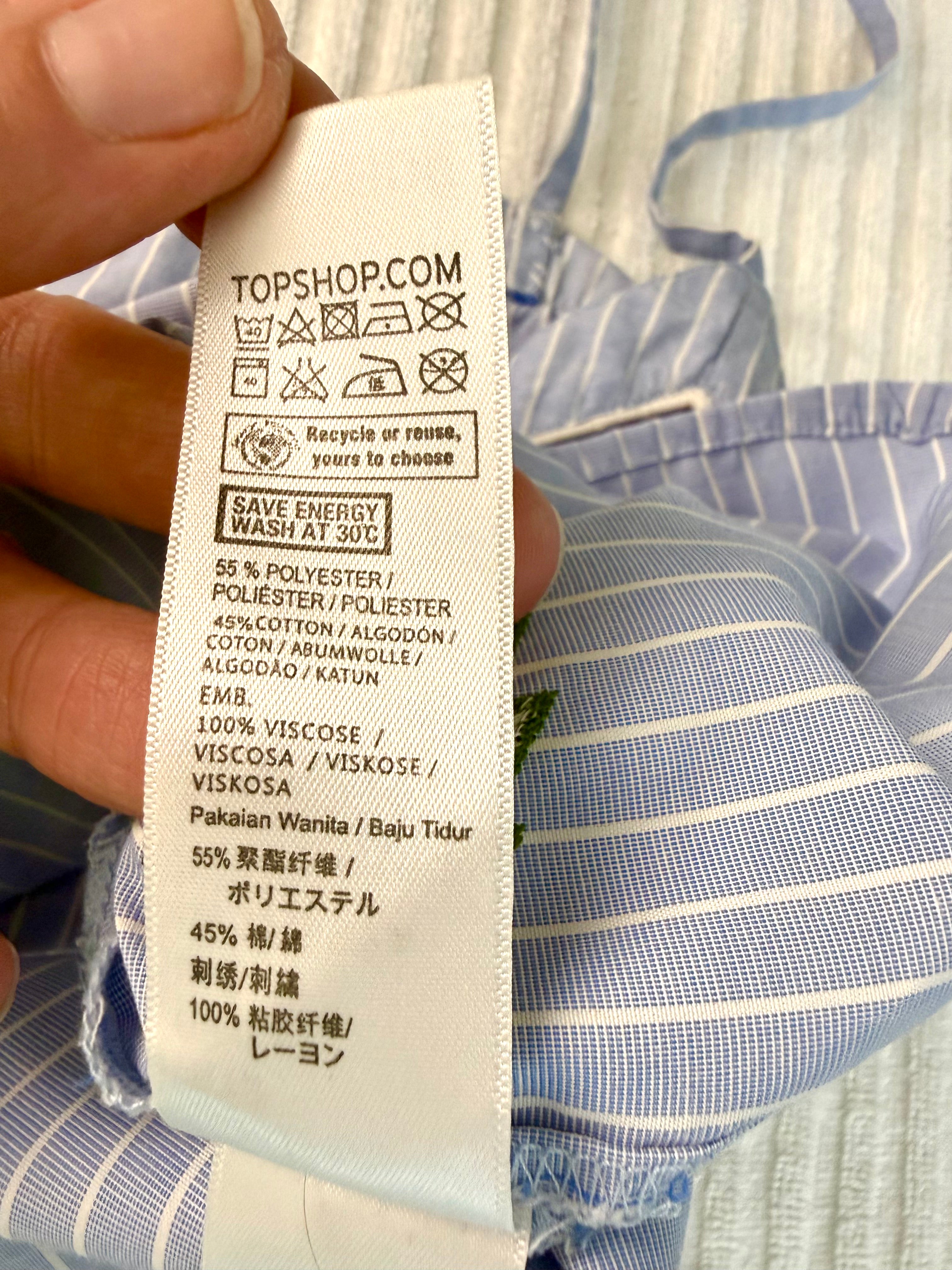 inside tags on 45% cotton  Topshop Blue Pinstripe Embroidered Cami Top | Size M at Blue Sparrow Shop  on hanger