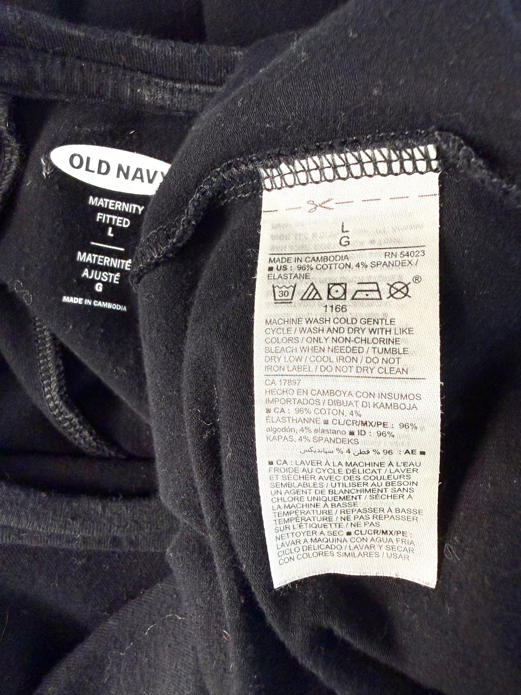 inside tags on 96% Cotton Old Navy Maternity Black Fitted Tank Dress at Blue Sparrow Shop 