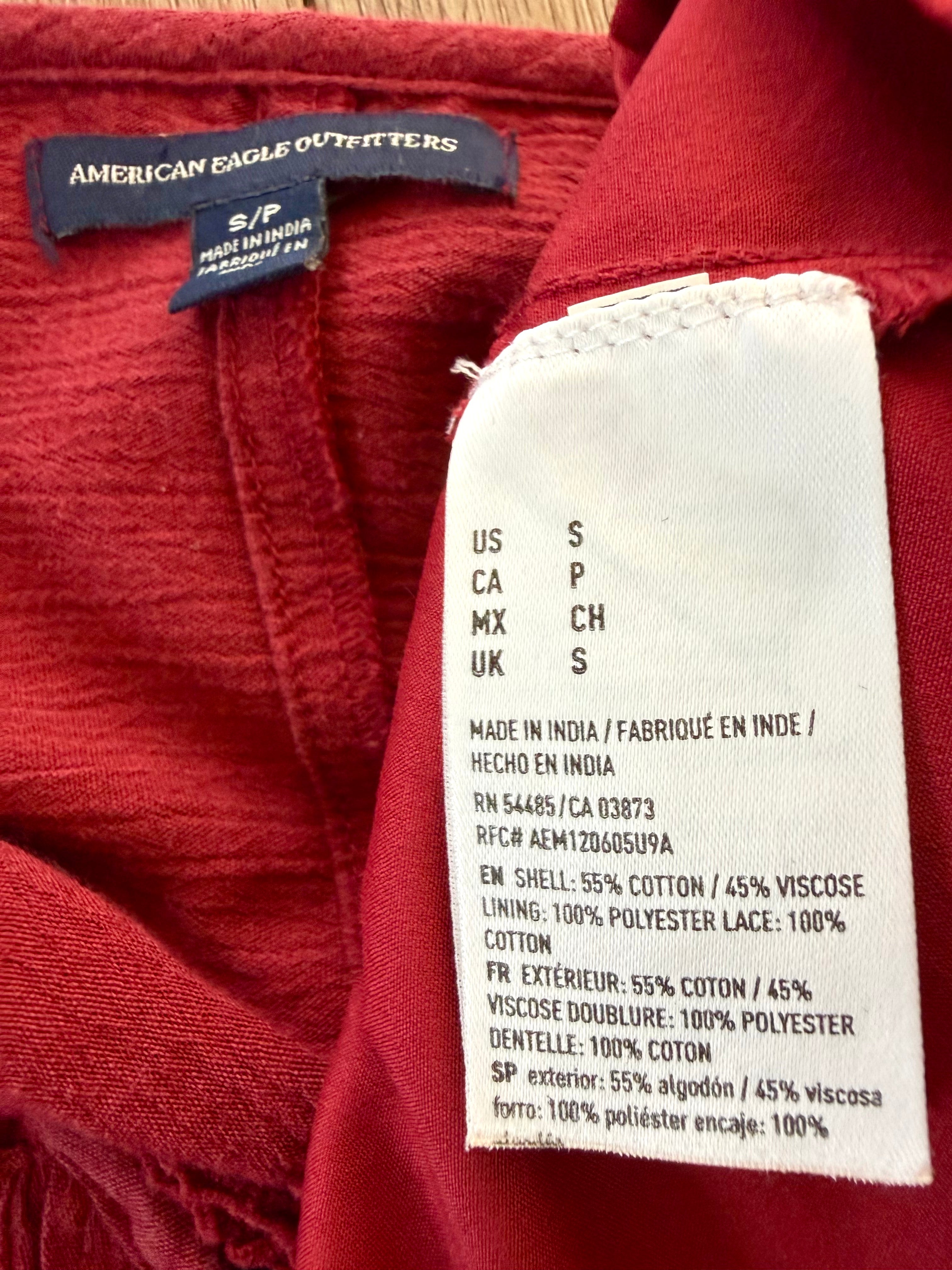 inside tags on  American Eagle Outfitters Crochet-Trim Boho Dress | Size S at Blue Sparrow Shop 