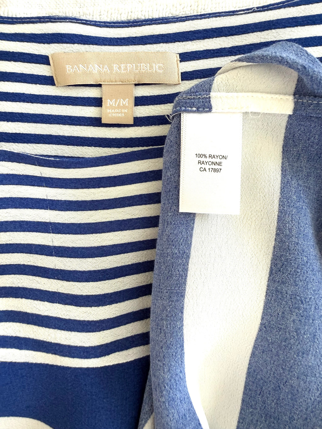inside tags on Banana Republic Mixed Stripe Scoop Neck Tee — Royal Blue and White | Size M at Blue Sparrow Shop