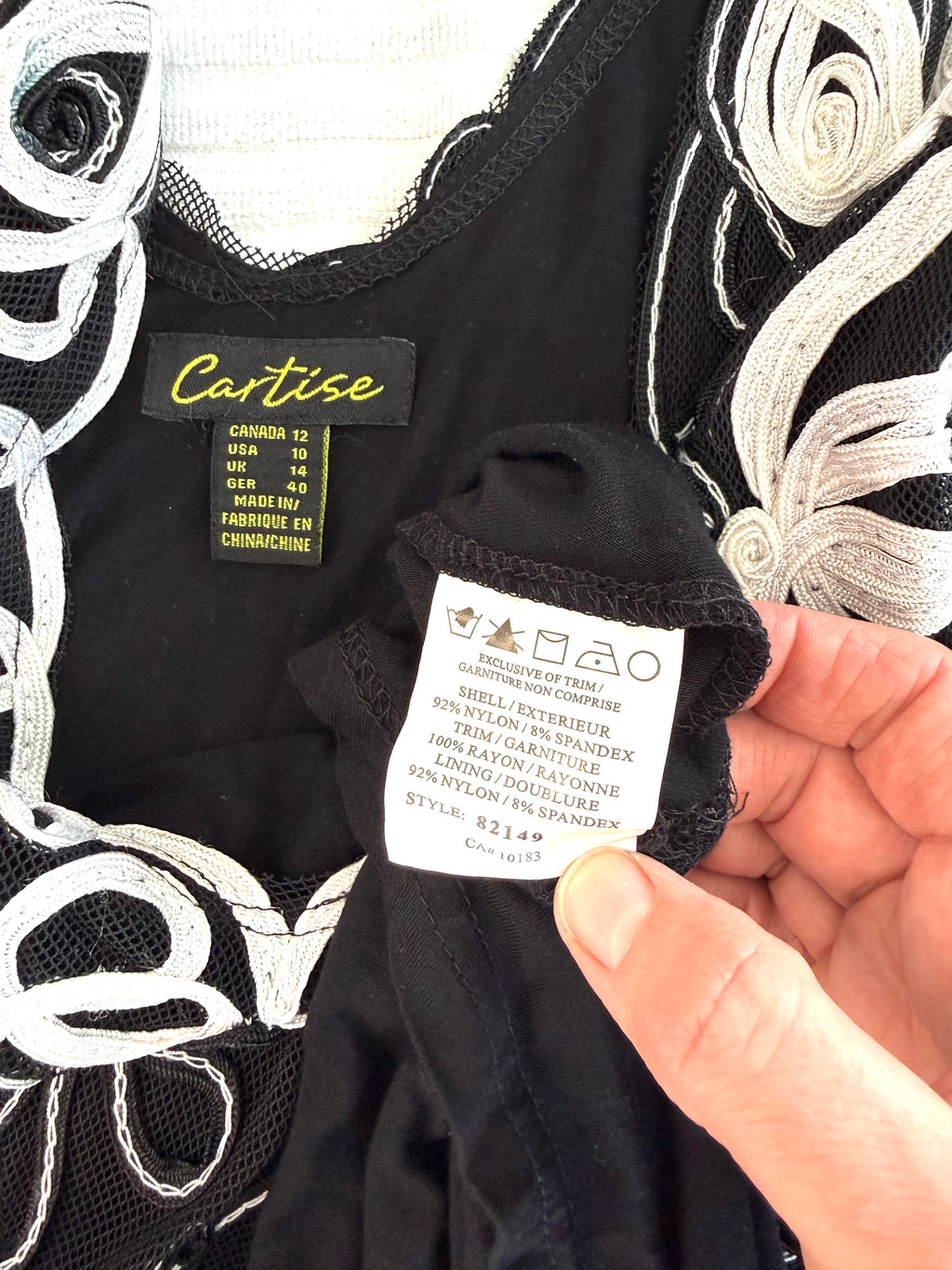 inside tags on Cartise Embroidered Mesh Cocktail Dress | Size 12 at Blue Sparrow Shop