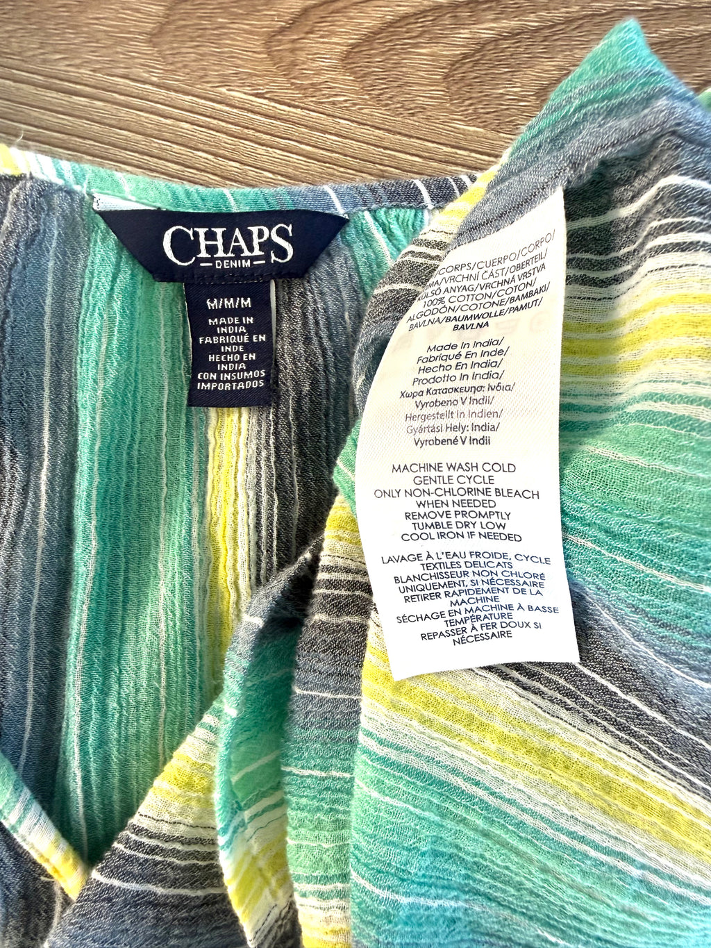inside tags on Chaps Denim 100% Cotton Stripe Peasant Blouse — Teal, Sage and Yellow | 3/4 Sleeve | Size M at Blue Sparrow Shop
