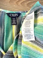 inside tags on Chaps Denim 100% Cotton Stripe Peasant Blouse — Teal, Sage and Yellow | 3/4 Sleeve | Size M at Blue Sparrow Shop