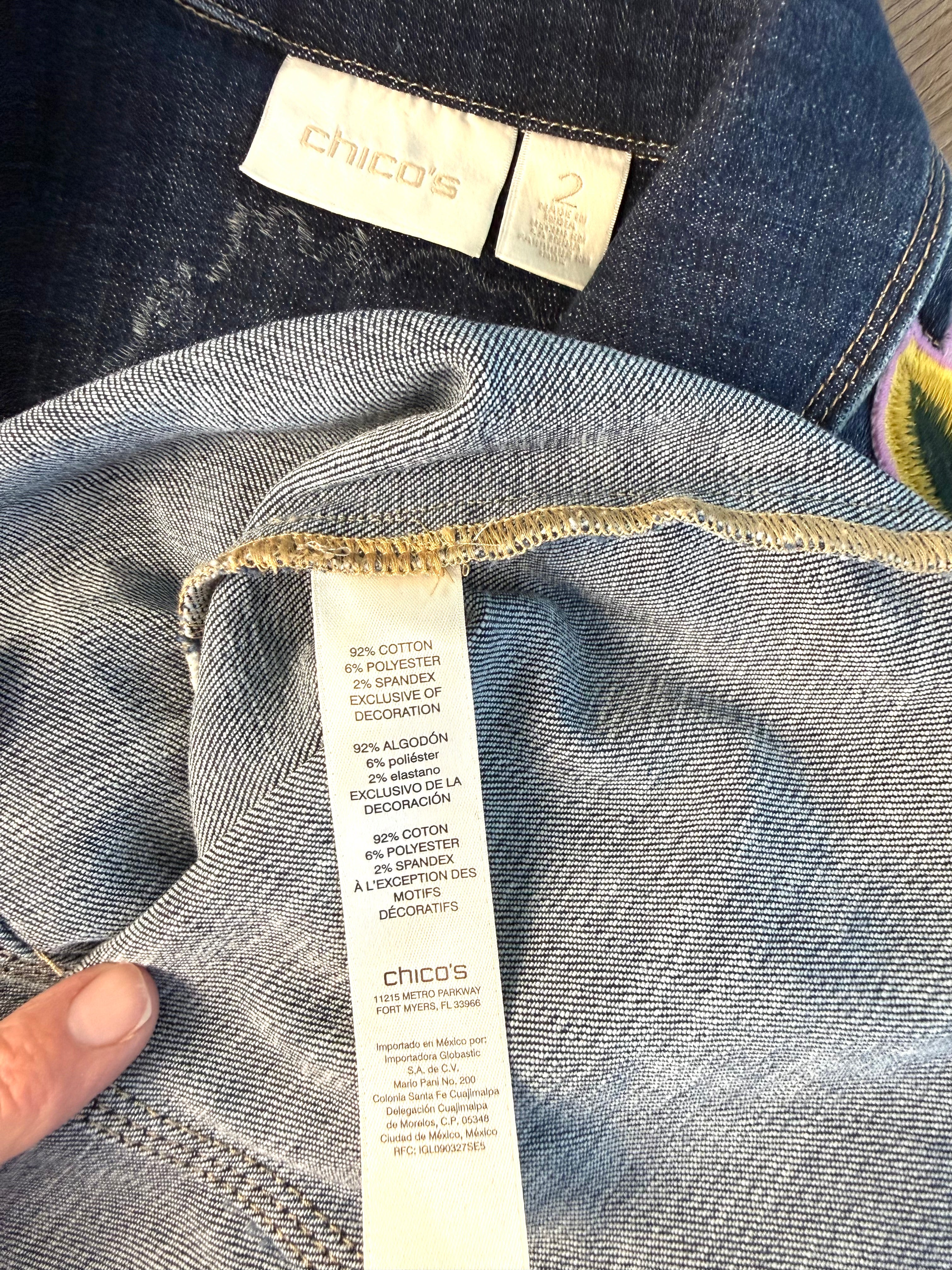 inside tags on Chicos embroidered denim jacket 