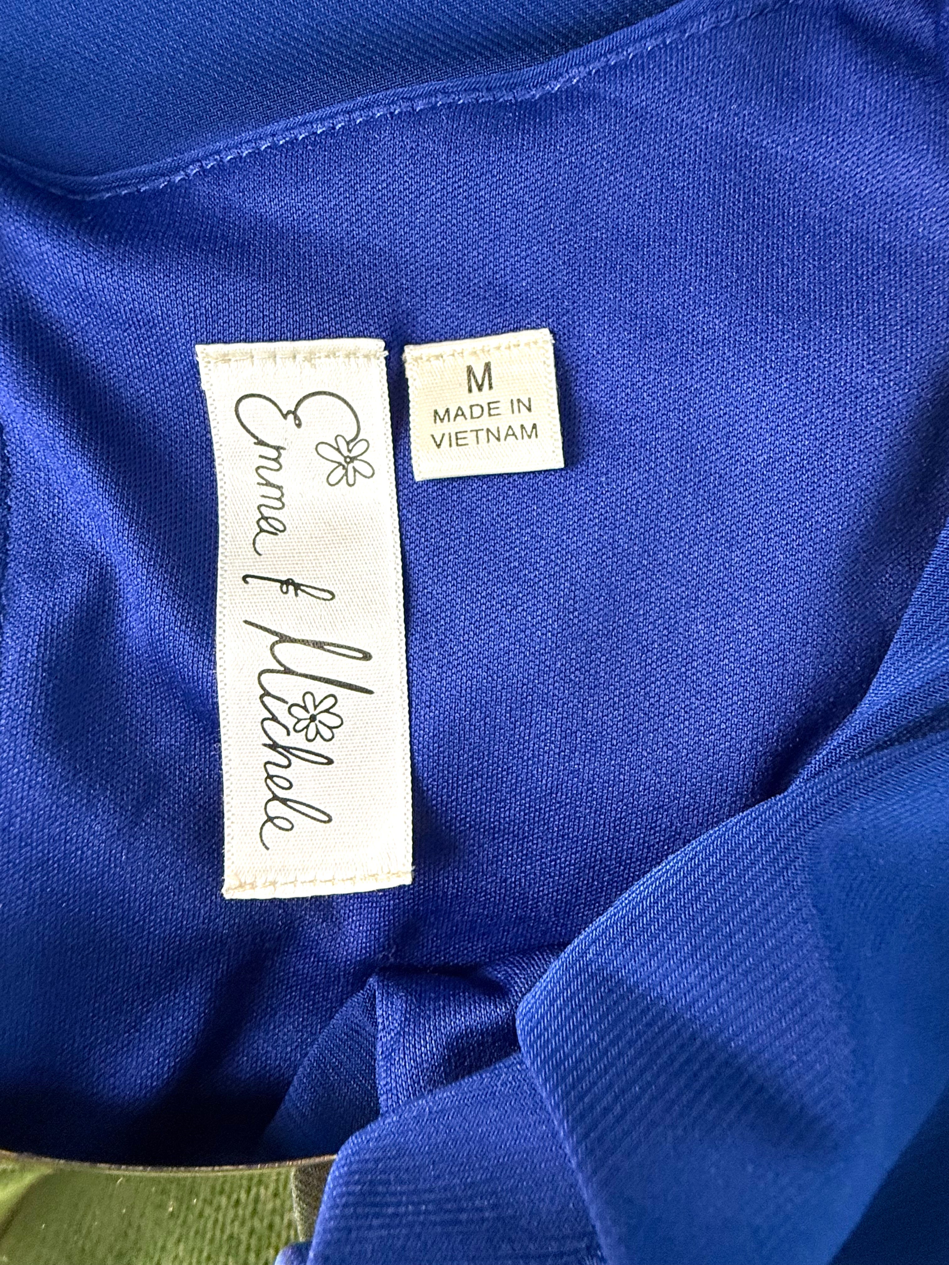inside tags on Emma & Michele cobalt blue sleeveless draped pleated bodice jumpsuit at Blue Sparrow Shop