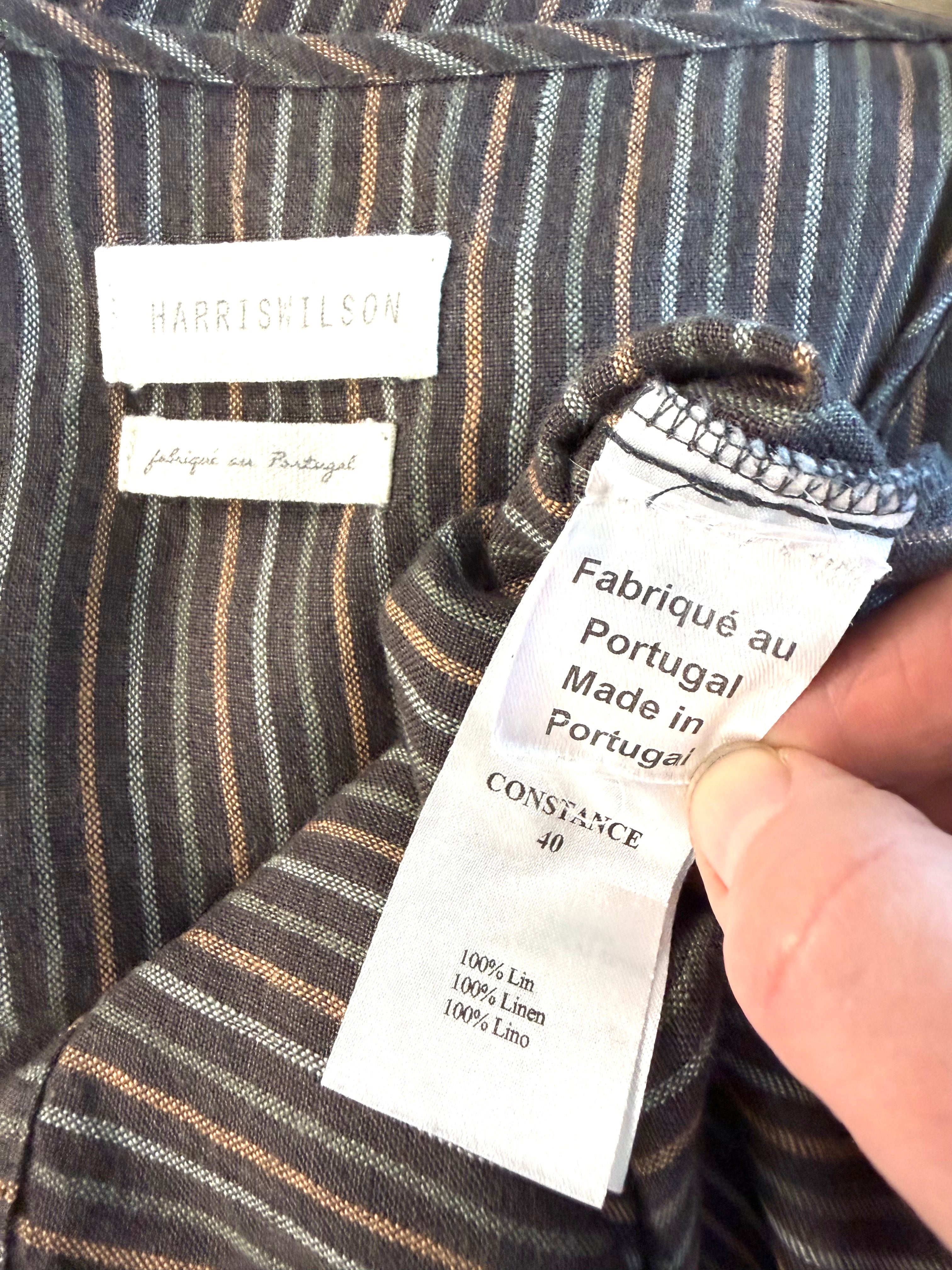 inside tags on Harris Wilson 100% Linen Stripe Shirt Dress — Made in Portugal | Brown & White Pinstripe | Size 40 (CDN 10/12) at Blue Sparrow Shop