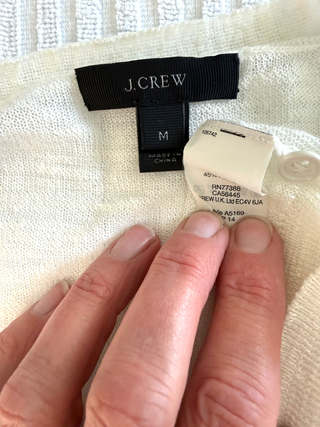 inside tags on Linen Blend J.CREW Lightweight Cardigan | Size M at Blue Sparrow Shop
