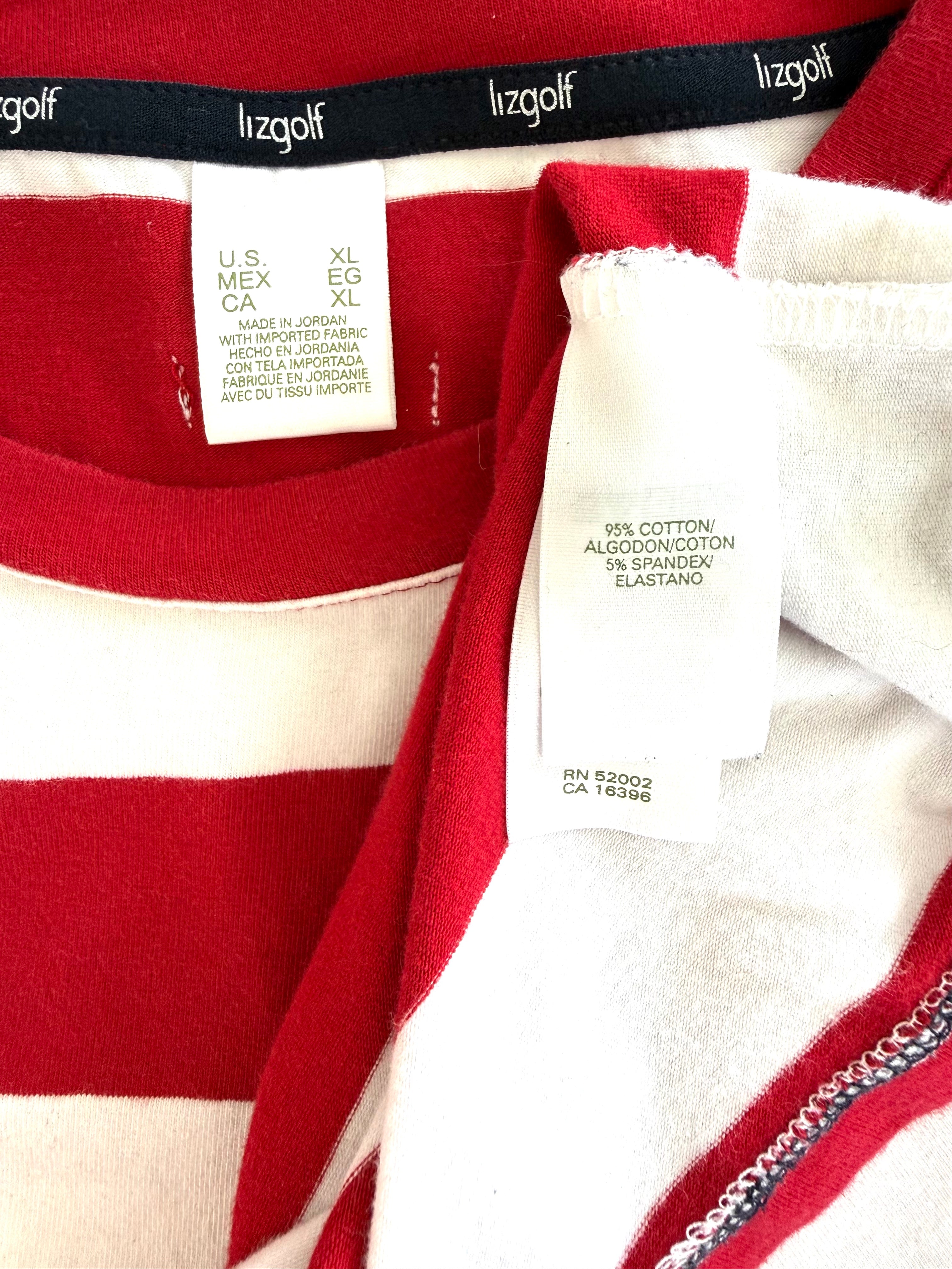 inside tags on Liz Golf 95% Cotton Bold Stripe Crew Neck Tee — Red and White | Athletic Casual | Size XL at Blue Sparrow Shop 